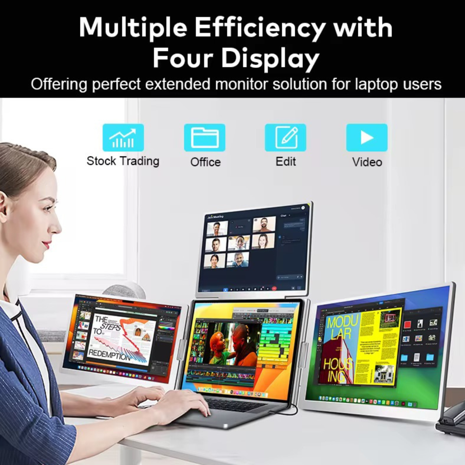 TUTT 14” Quad Screen Extender | Single Cable Setup | 16:10 IPS | Stand-Alone Portable Monitor For Laptop Mac & Windows S780