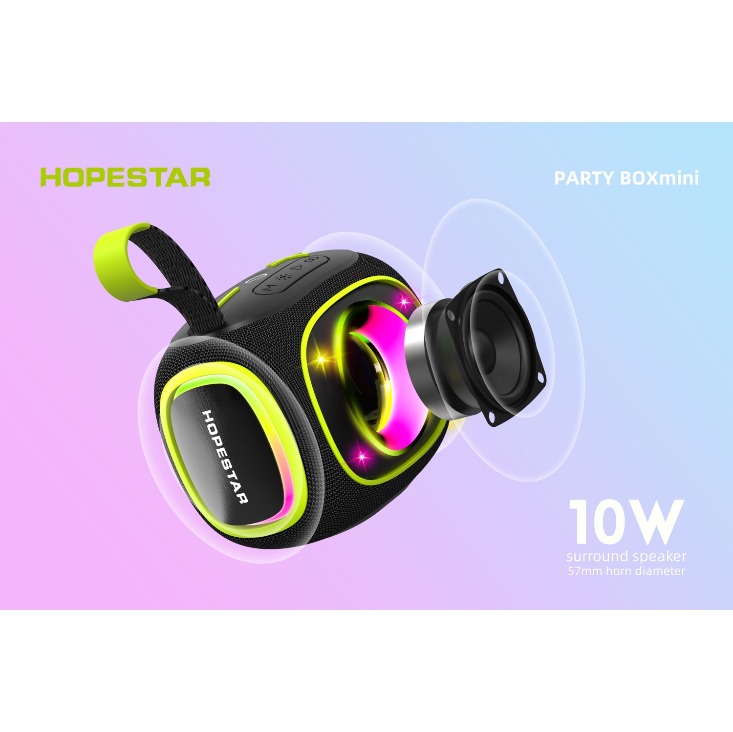 Prtable Wireless 10W Waterproof Party Bluetooth Speaker with RGB Lights, 2400mAh, Black