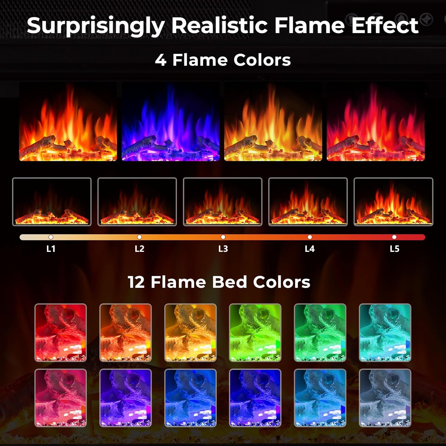 Meuble pour téléviseur avec foyer électrique FLAME de ZAFRO pour téléviseur de 65&nbsp;po ou moins, 4 flammes et 12 couleurs de bûches, console