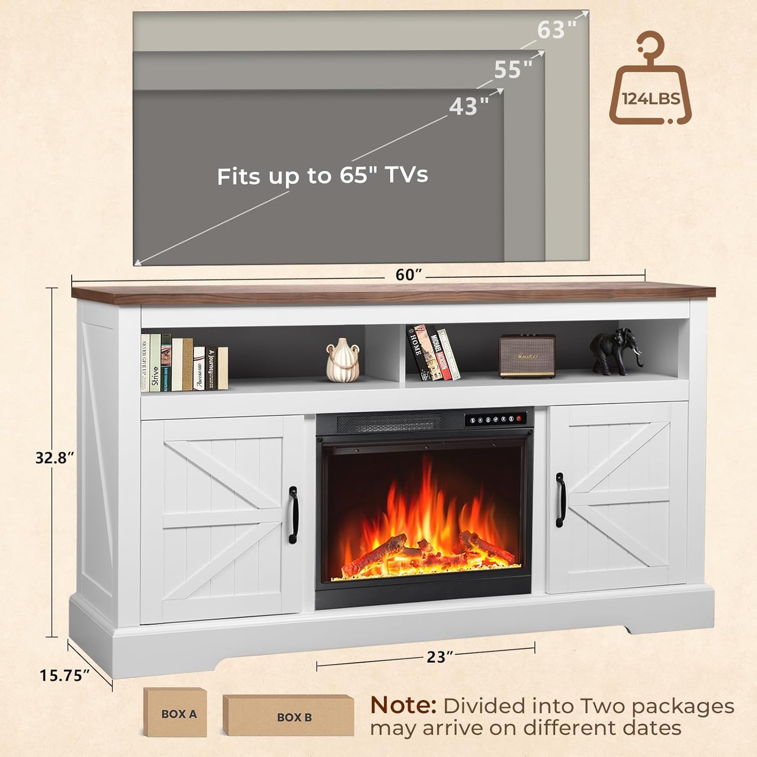 Meuble pour téléviseur avec foyer électrique FLAME de ZAFRO pour téléviseur de 65&nbsp;po ou moins, 4 flammes et 12 couleurs de bûches, console