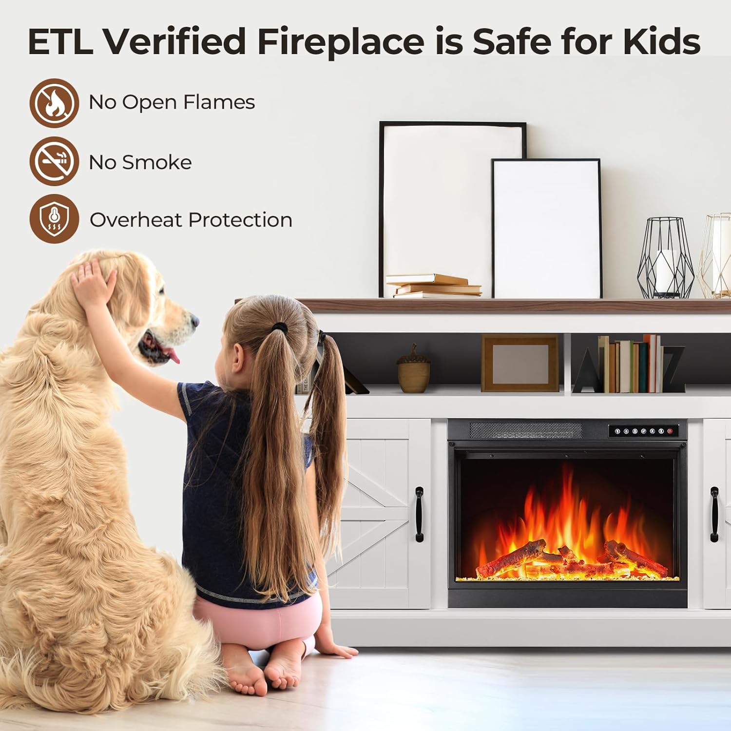 Meuble pour téléviseur avec foyer électrique FLAME de ZAFRO pour téléviseur de 65&nbsp;po ou moins, 4 flammes et 12 couleurs de bûches, console