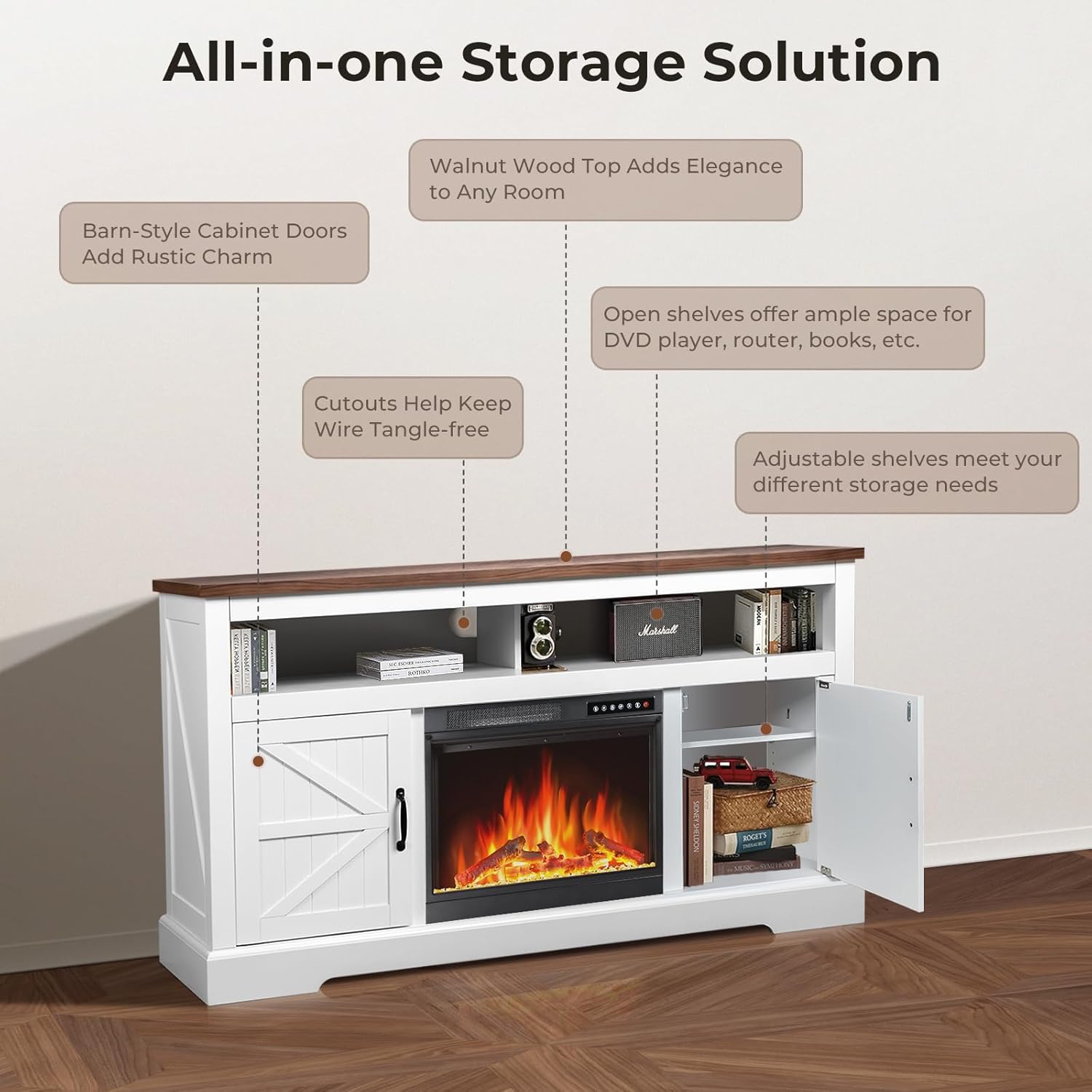 Meuble pour téléviseur avec foyer électrique FLAME de ZAFRO pour téléviseur de 65&nbsp;po ou moins, 4 flammes et 12 couleurs de bûches, console