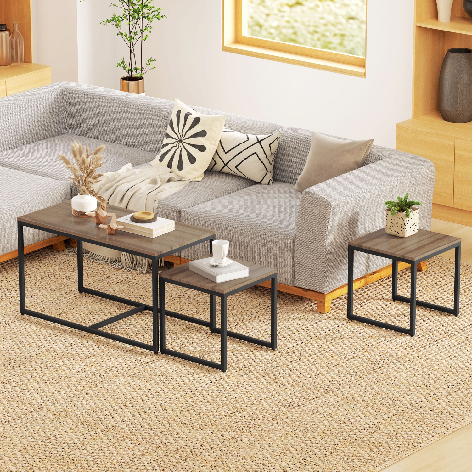 HOMCOM Nesting Coffee Table Set of 3, Modern End Tables with Black Metal Frame for Living Room Home Furniture, Brown Wood Grain