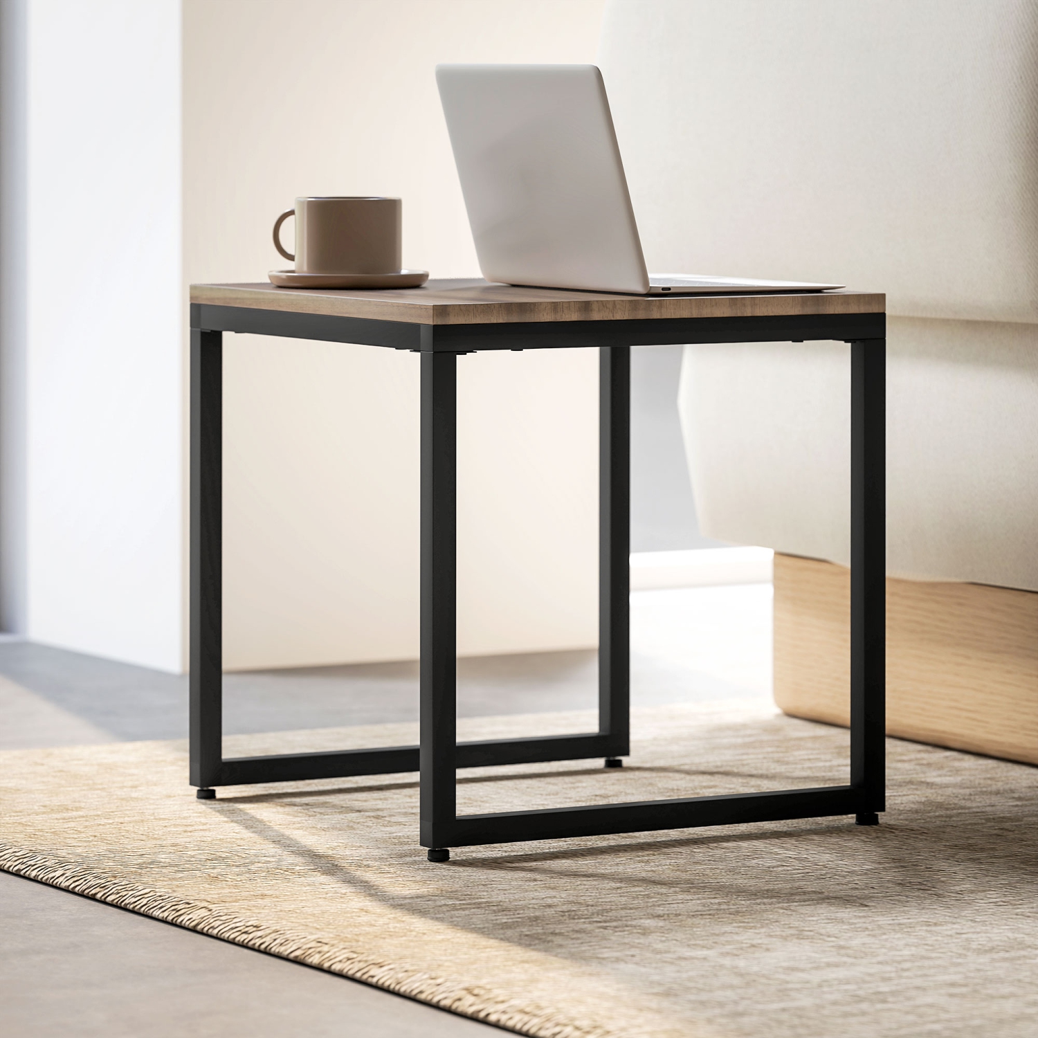 HOMCOM Nesting Coffee Table Set of 3, Modern End Tables with Black Metal Frame for Living Room Home Furniture, Brown Wood Grain