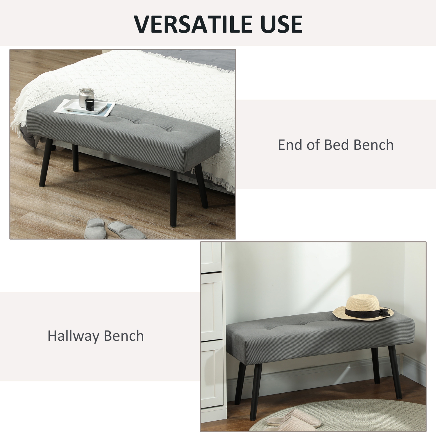 HOMCOM 39" Upholstered Bedroom Entryway Bench, Modern Corduroy Tufted End of Bed Bench with Padded Seat and Steel Legs for Living Room, Hallway, Grey