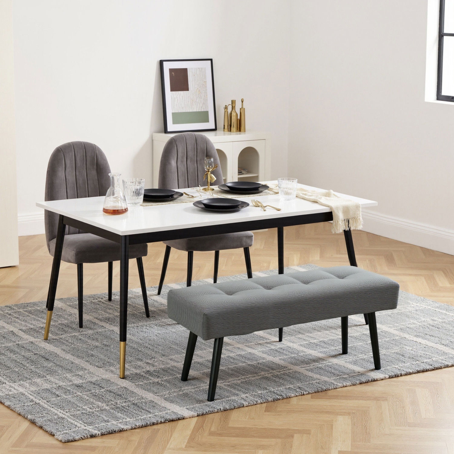 HOMCOM 39" Upholstered Bedroom Entryway Bench, Modern Corduroy Tufted End of Bed Bench with Padded Seat and Steel Legs for Living Room, Hallway, Grey