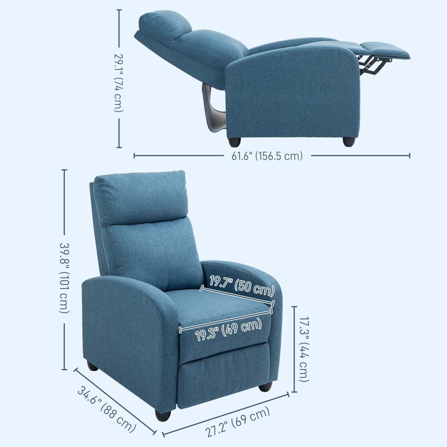 HOMCOM Push Back Recliner Chair, Linen Fabric Home Theater Seating, Single Reclining Sofa Chair with Padded Seat for Living Room, Blue