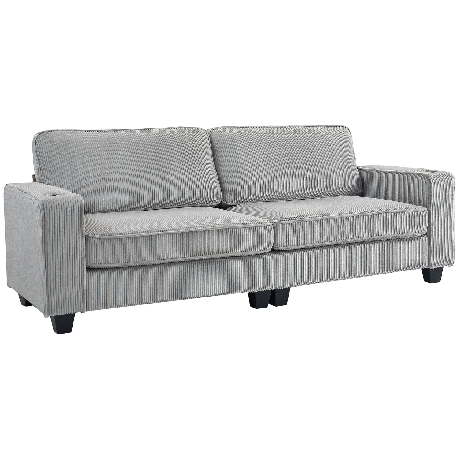 HOMCOM Modern 3 Seater Sofa with Spring Cushion, 90" Upholstered Corduroy Couch with Cup Holders for Living Room, Bedroom, Home Office, Light Grey