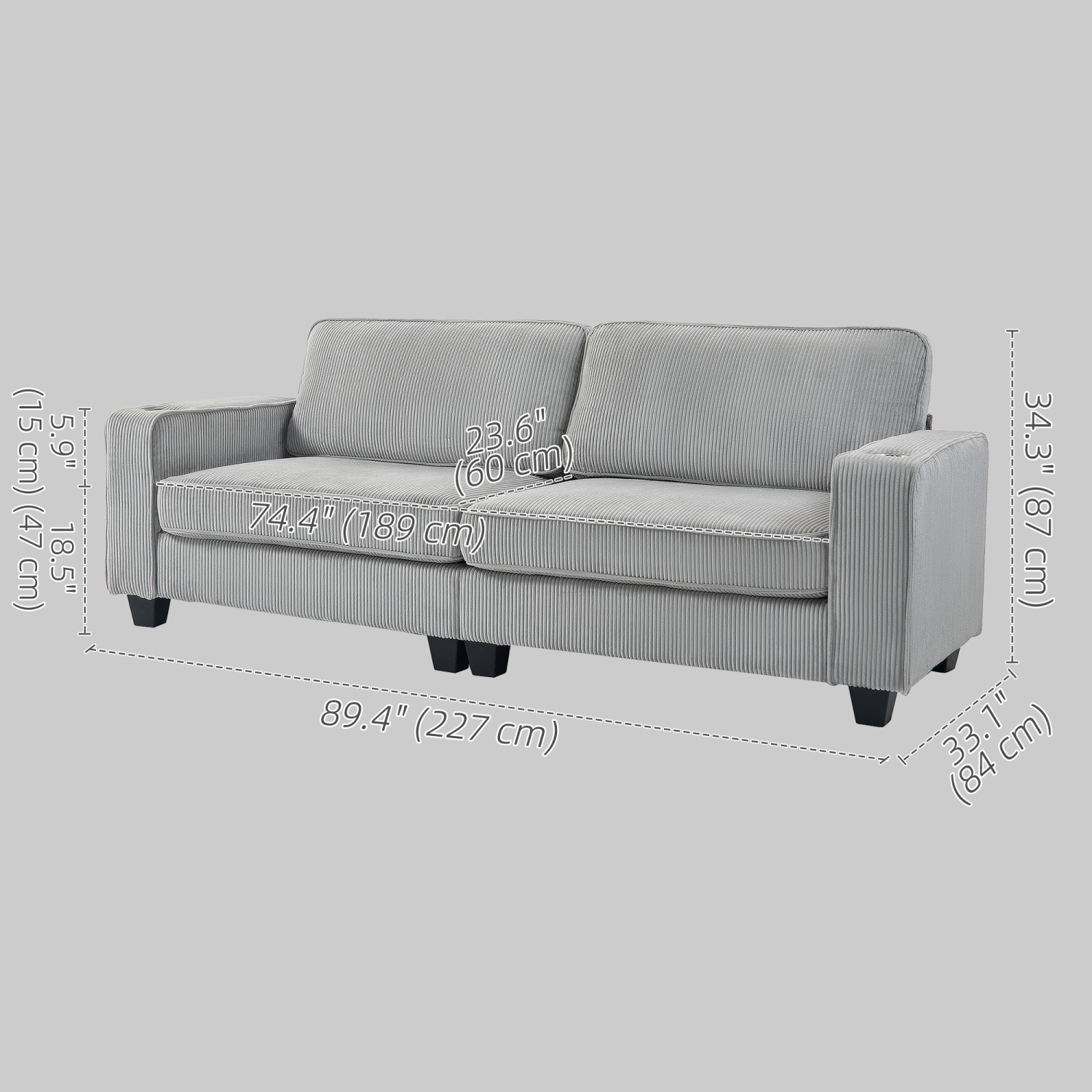 HOMCOM Modern 3 Seater Sofa with Spring Cushion, 90" Upholstered Corduroy Couch with Cup Holders for Living Room, Bedroom, Home Office, Light Grey