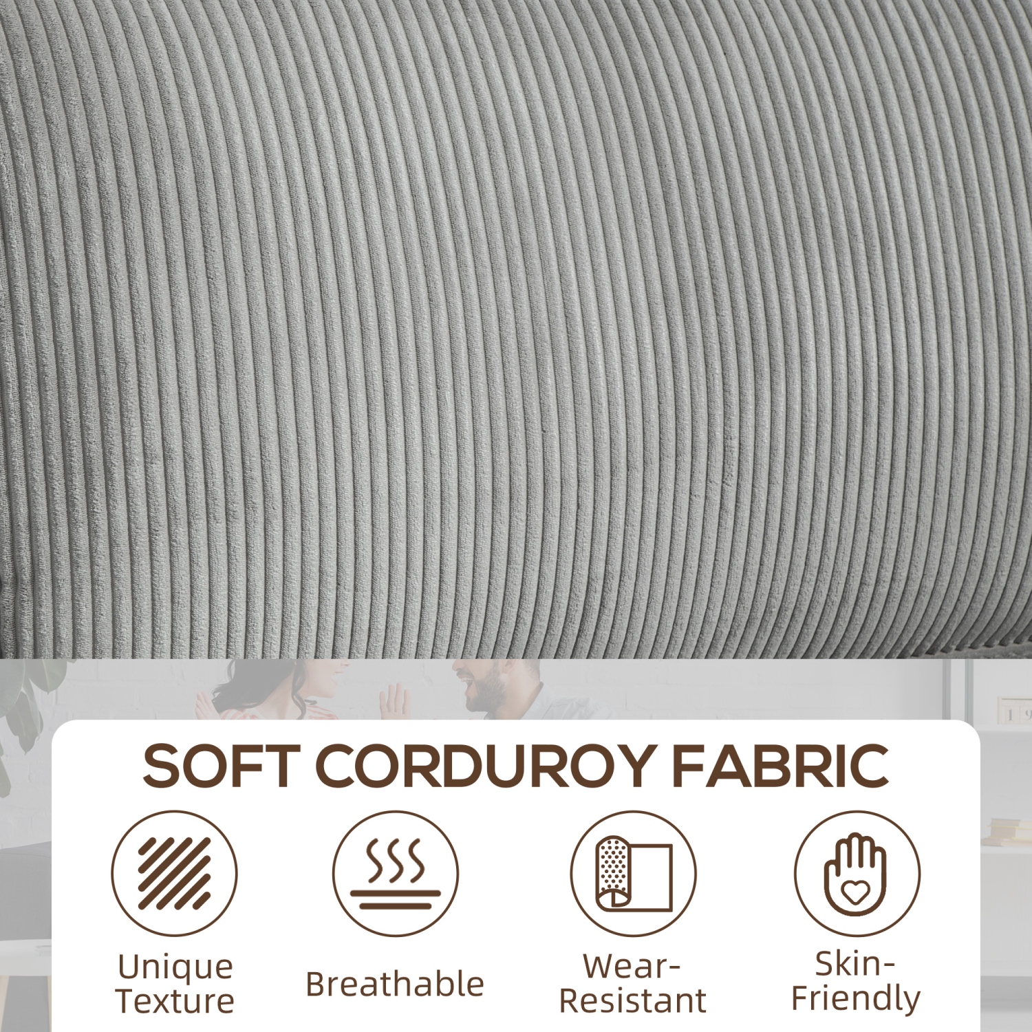 HOMCOM Modern 3 Seater Sofa with Spring Cushion, 90" Upholstered Corduroy Couch with Cup Holders for Living Room, Bedroom, Home Office, Light Grey