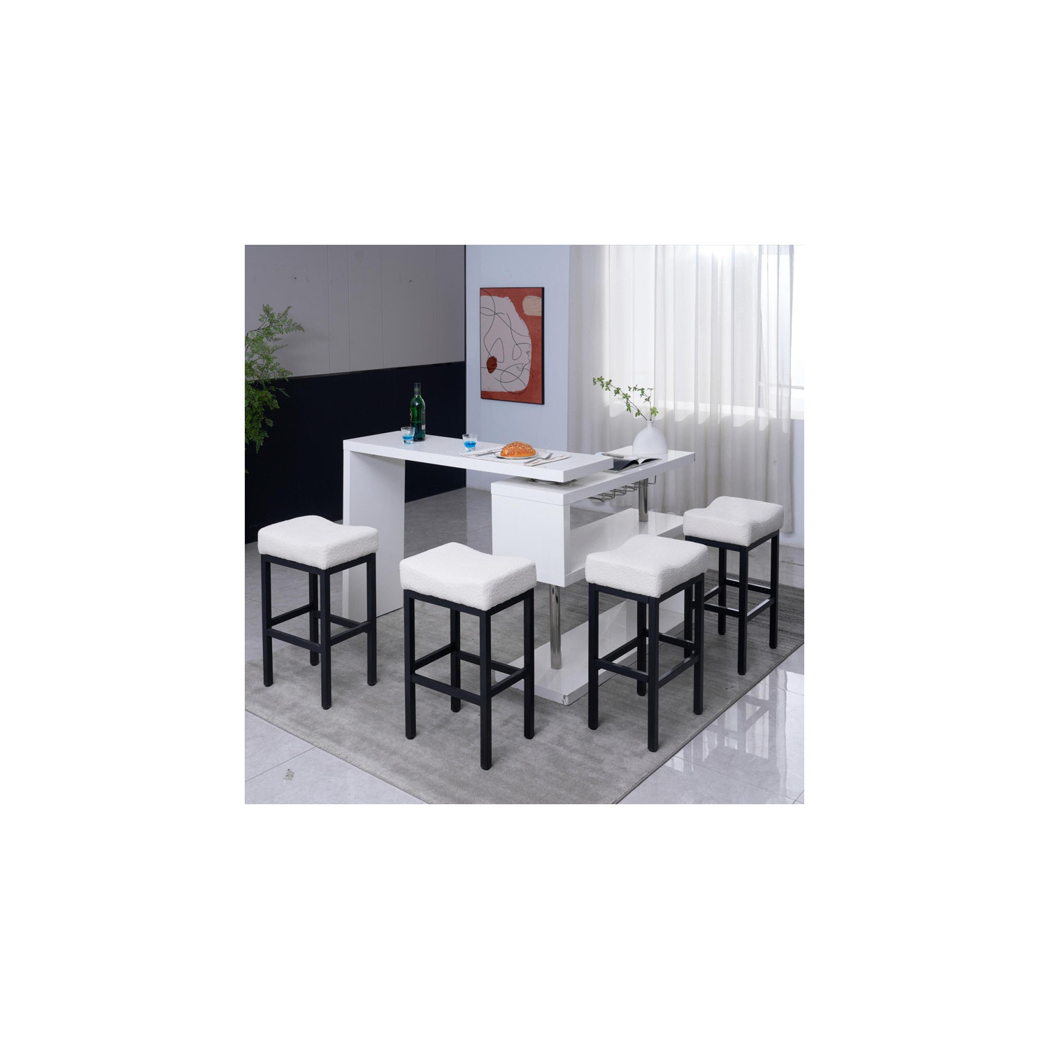 DYHOME White Modern Bar Stools Set of 2, Boucle Counter Stools 27 Inches Seat Height Upholstered Barstools, Comfortable White bar stools with Metal