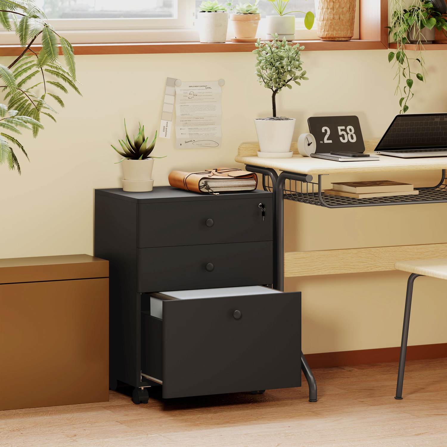 HOMCOM – Classeur à 3 tiroirs avec verrou, classeur vertical mobile avec barre de suspension pour A4, dossiers de format lettre, bureau à domicile,