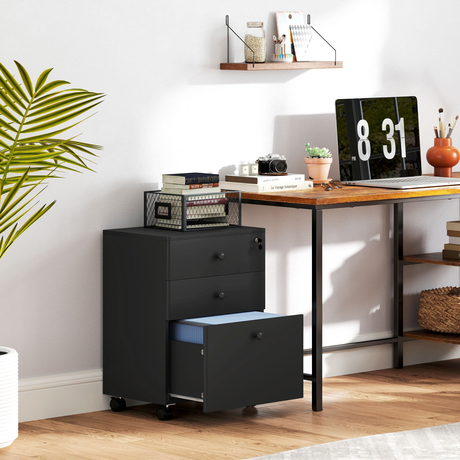 HOMCOM – Classeur à 3 tiroirs avec verrou, classeur vertical mobile avec barre de suspension pour A4, dossiers de format lettre, bureau à domicile,