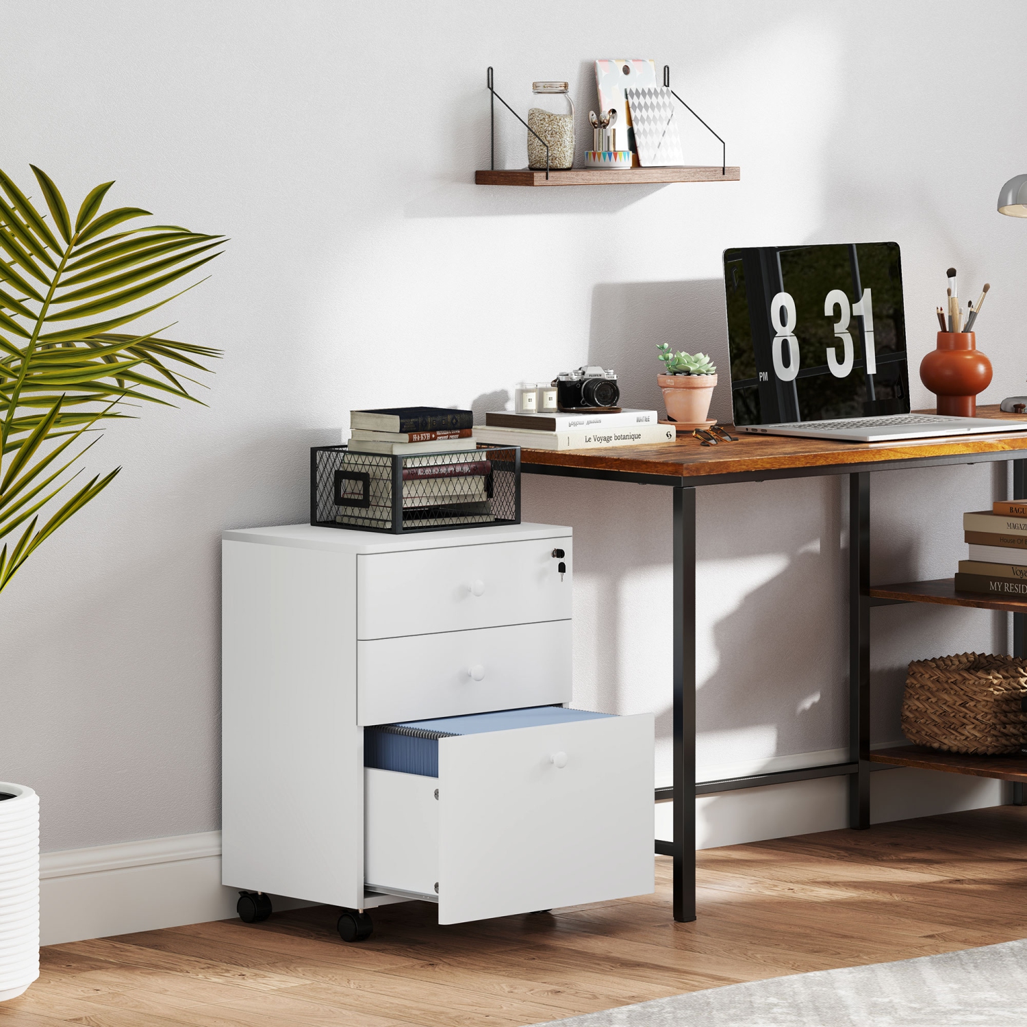 HOMCOM – Classeur à 3 tiroirs avec verrou, classeur vertical mobile avec barre de suspension pour A4, dossiers de format lettre, bureau à domicile,