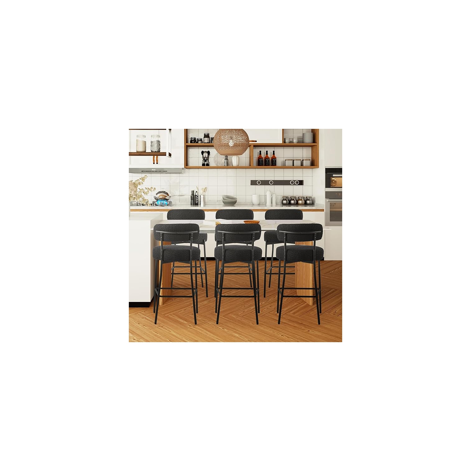DYHOME Black Bar Stools Set of 6, 27 Inches Counter Height Bar Stools with Back, Modern Metal Legs Boucle Tall Bar Chairs for Kitchen Island