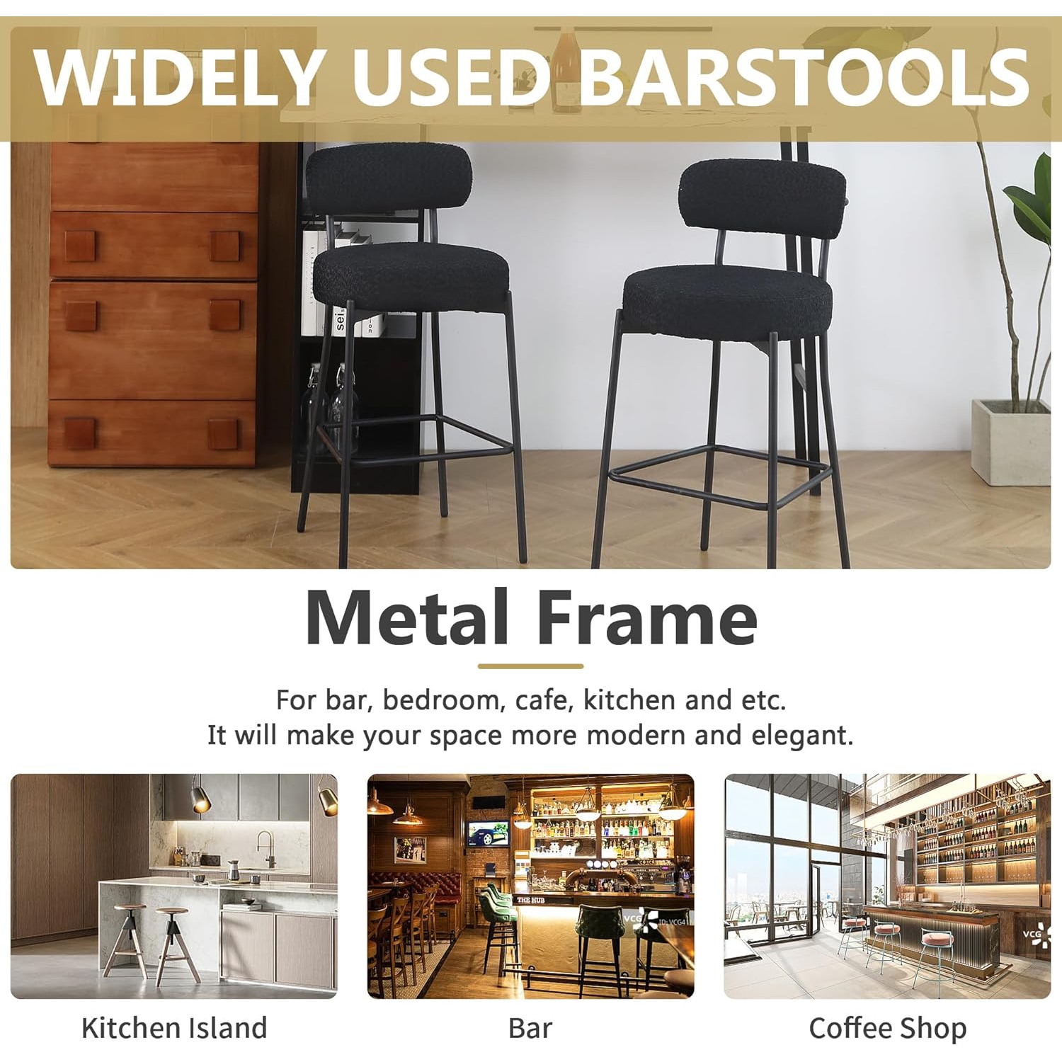 DYHOME Black Bar Stools Set of 6, 27 Inches Counter Height Bar Stools with Back, Modern Metal Legs Boucle Tall Bar Chairs for Kitchen Island