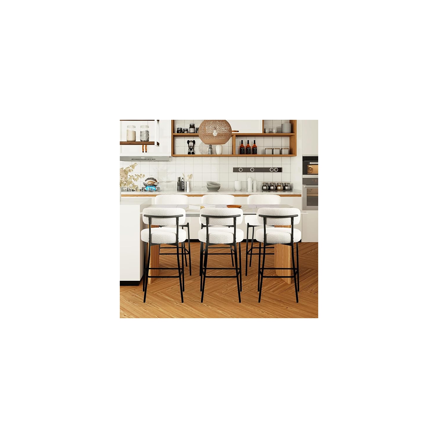 DYHOME White Bar Stools Set of 6, 27 Inches Counter Height Bar Stools with Back, Modern Metal Legs Boucle Tall Bar Chairs for Kitchen Island