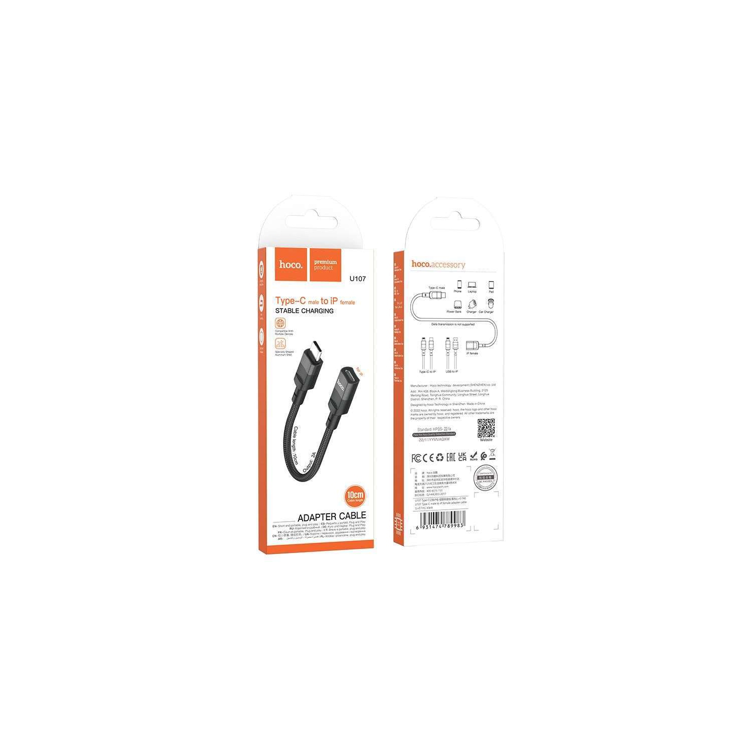 Hoco – Câble adaptateur USB U107 de type C mâle vers Lightning femelle pour iPhone