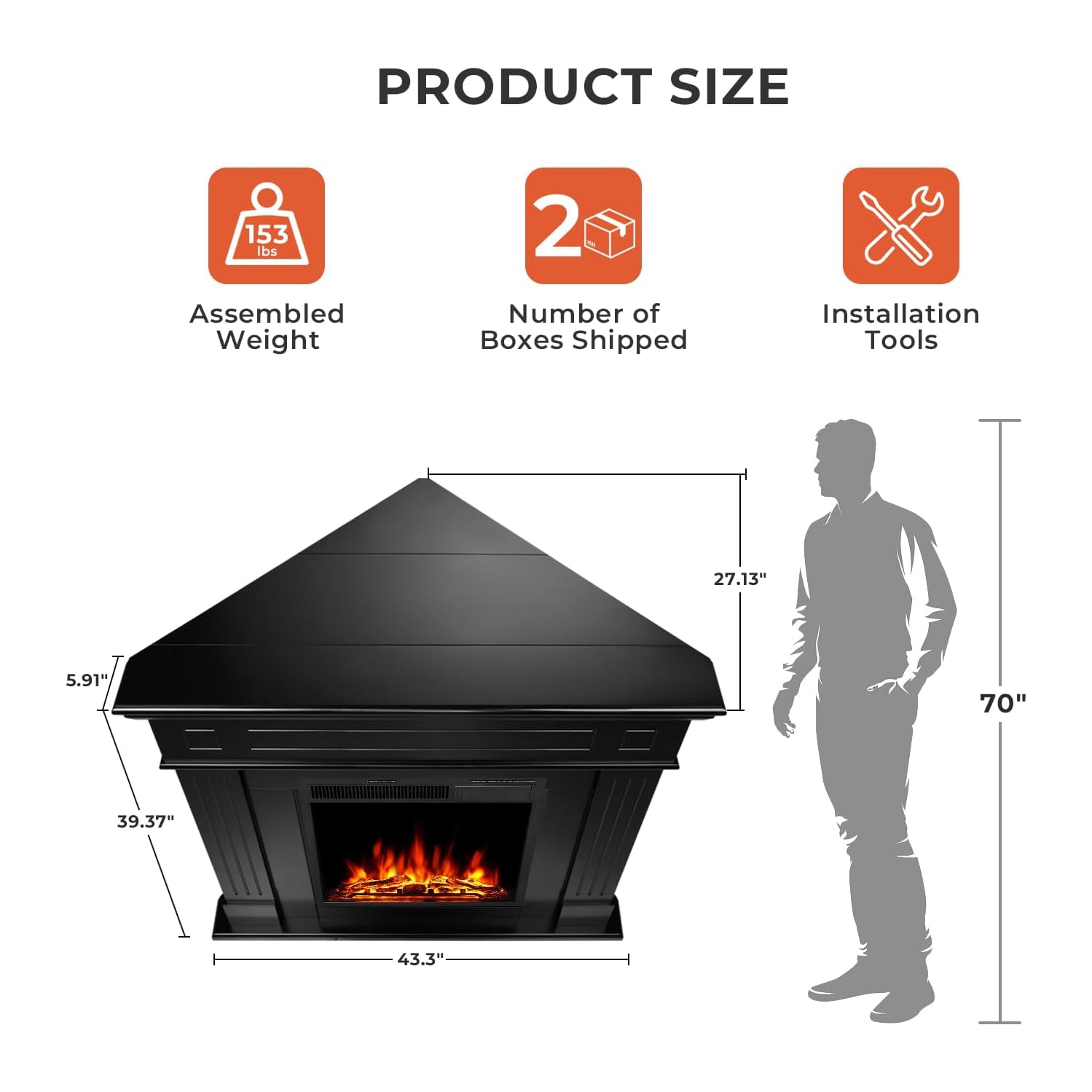 Foyer électrique en coin 43&nbsp;po avec cadre en bois de ZAFRO, meuble pour téléviseur avec foyer électrique autonome, télécommande, flamme DEL