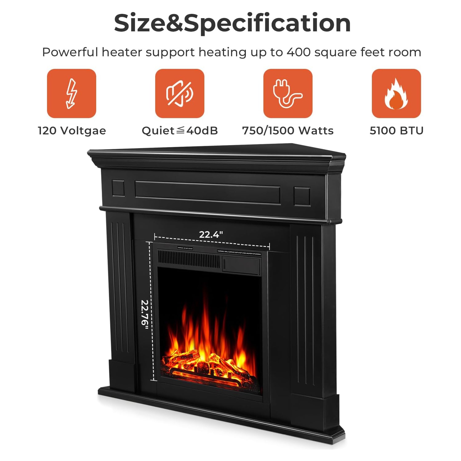 Foyer électrique en coin 43&nbsp;po avec cadre en bois de ZAFRO, meuble pour téléviseur avec foyer électrique autonome, télécommande, flamme DEL