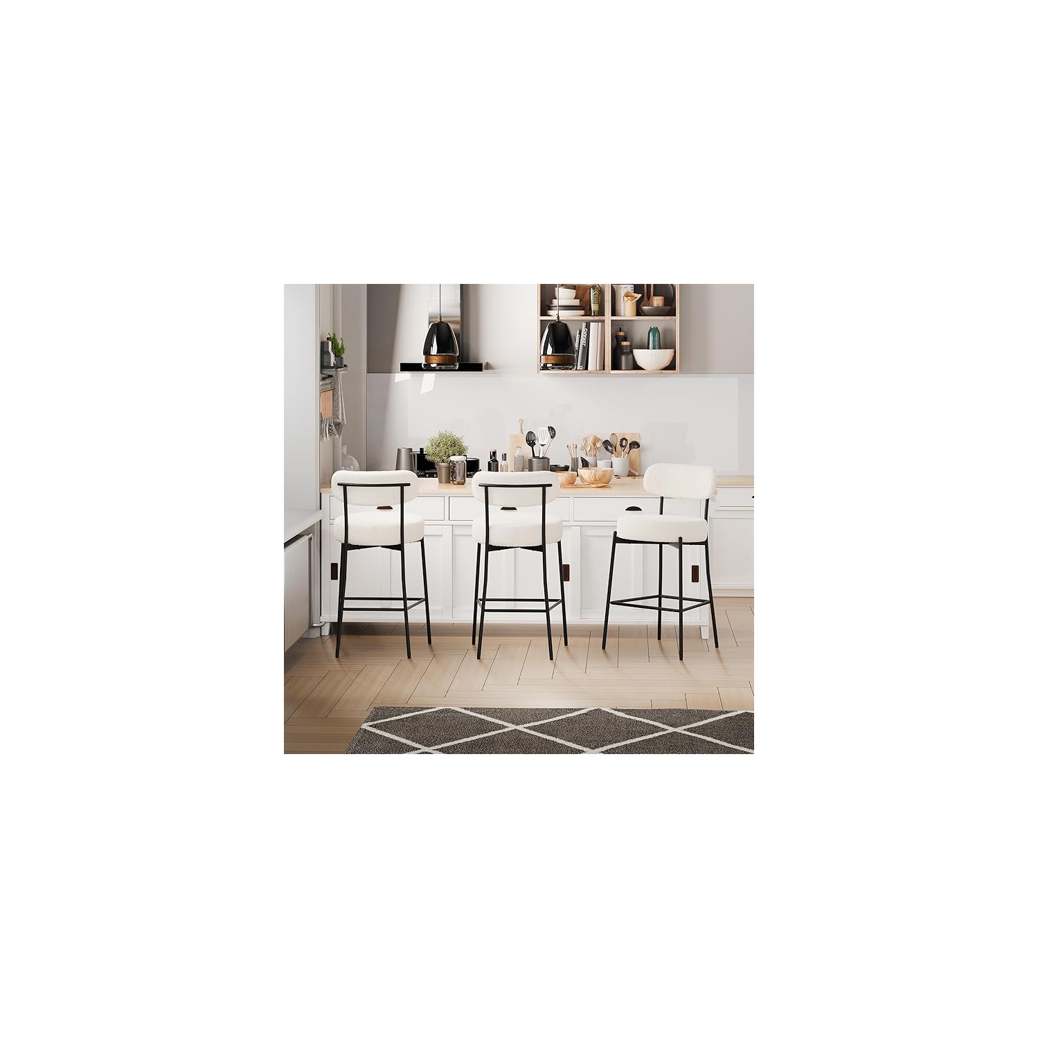 DYHOME White Bar Stools Set of 3, 27 Inches Boucle Counter Height Bar Stools with Back, Modern Metal Tall Bar Stools for Kitchen Island