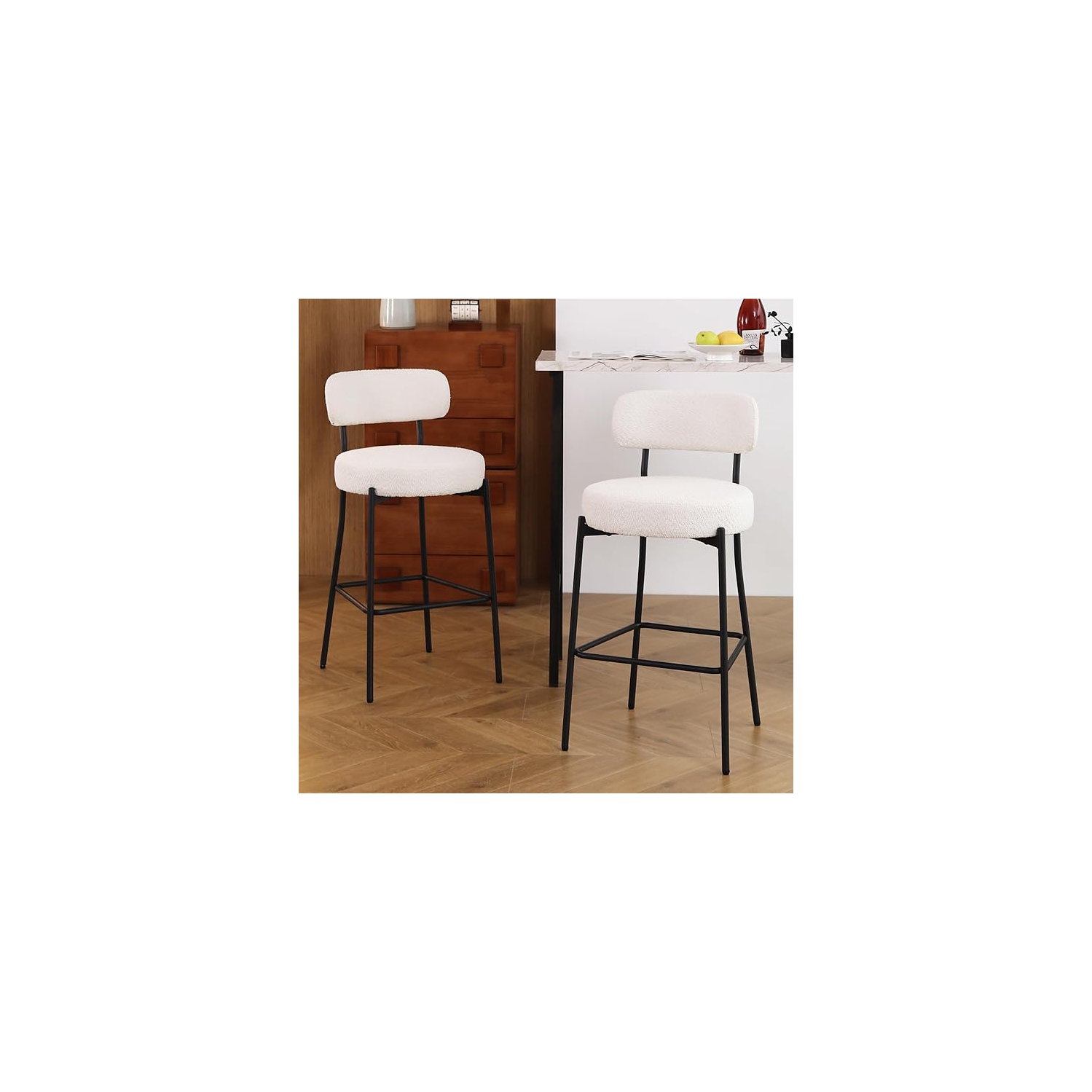 DYHOME White Bar Stools Set of 2, 27 Inches Boucle Counter Height Bar Stools with Back, Modern Metal Tall Bar Stools for Kitchen Island