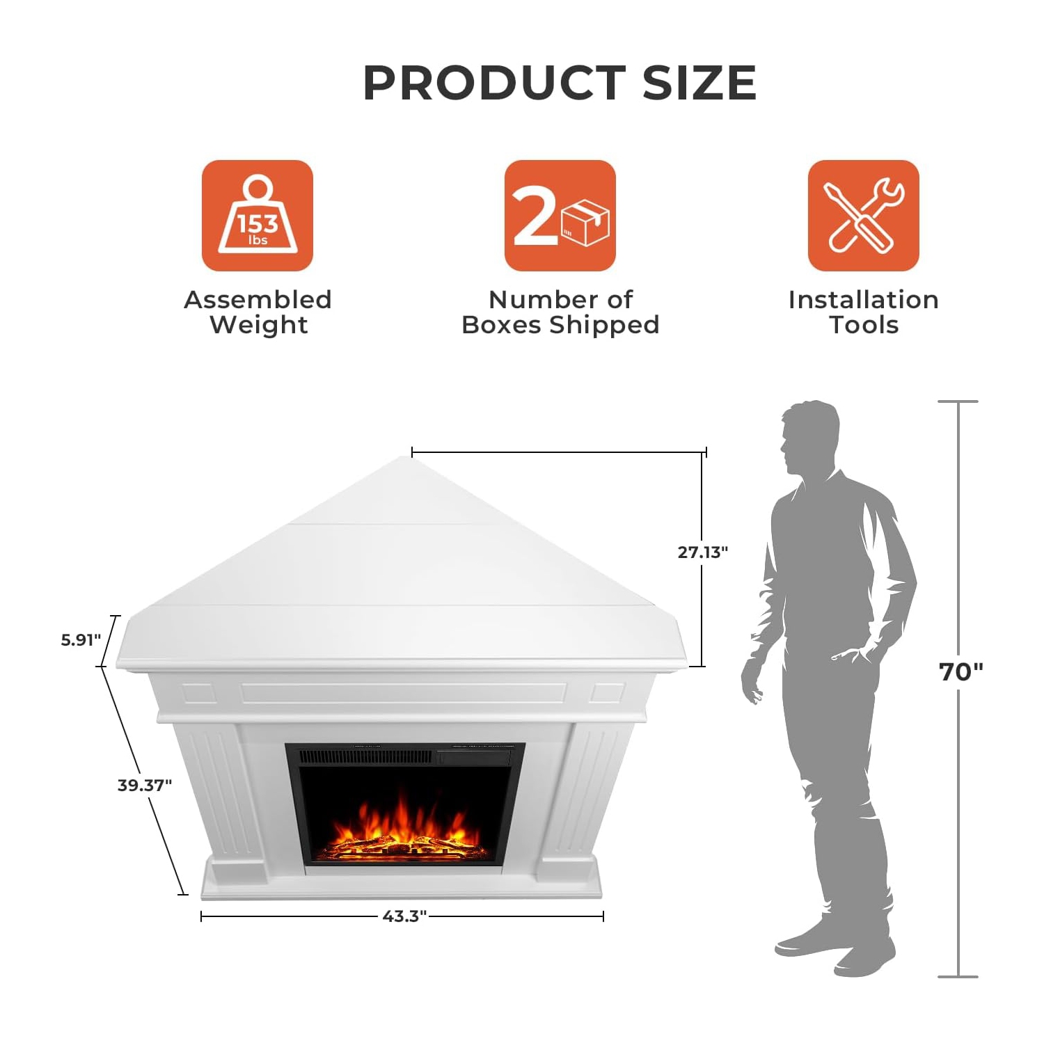 Foyer électrique en coin 43 po avec cadre en bois de ZAFRO, meuble pour téléviseur avec foyer électrique autonome, télécommande, flamme DEL