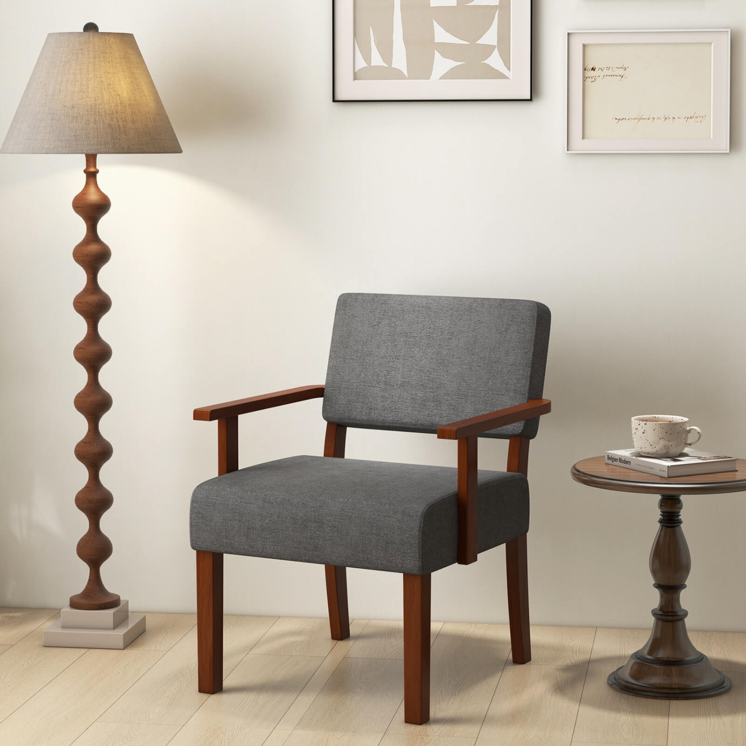 Costway Mid-Century Linen Accent Chair Living Room Chair with Soft Padded Seat & Backrest