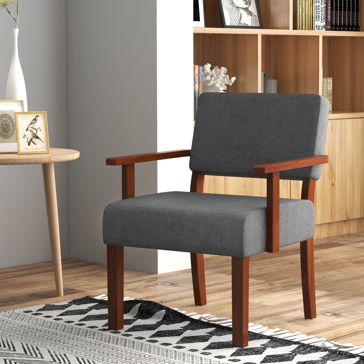 Costway Mid-Century Linen Accent Chair Living Room Chair with Soft Padded Seat & Backrest