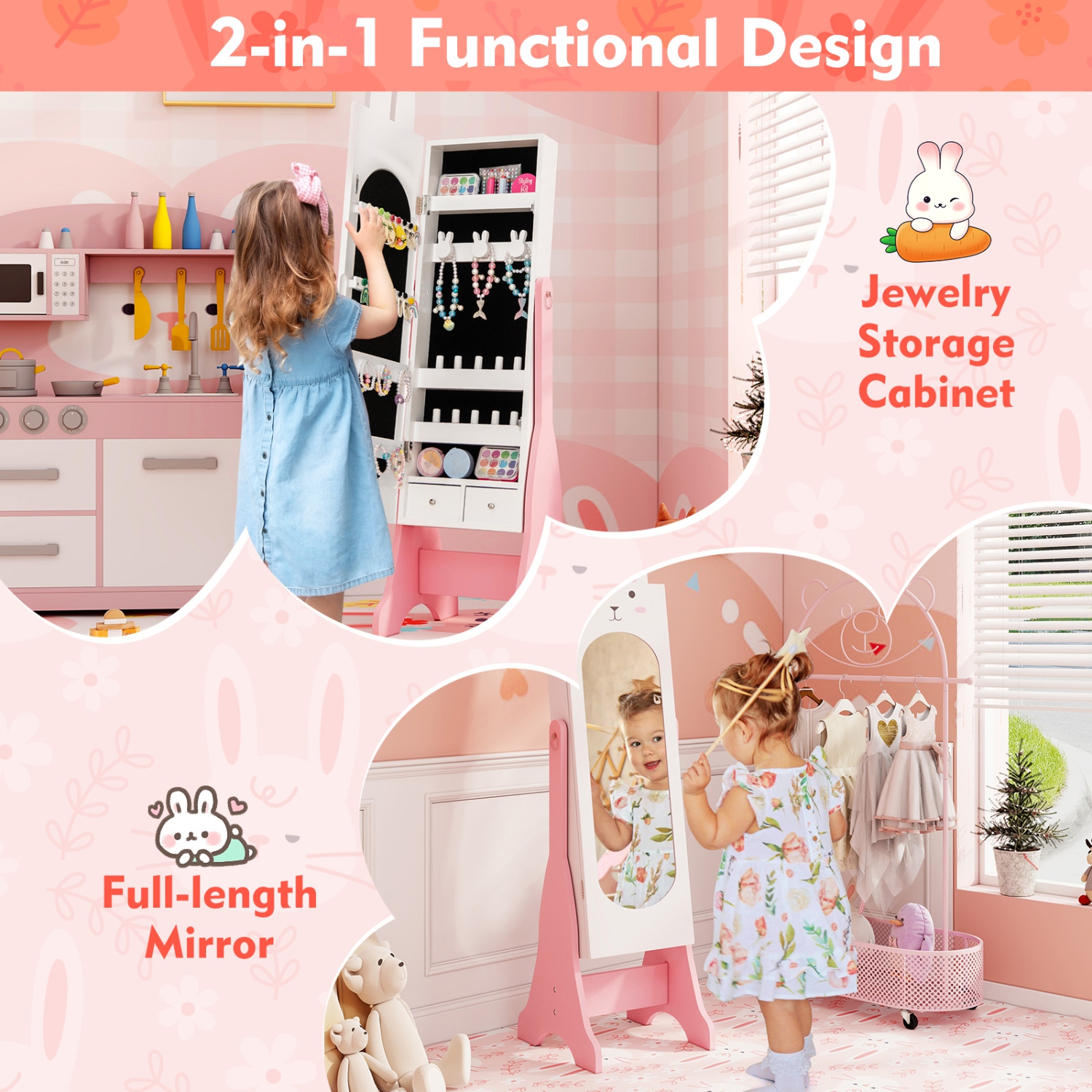 Costway Kids Vanity Set Princess Makeup Dressing Table and Chair Set with Jewelry Armoire