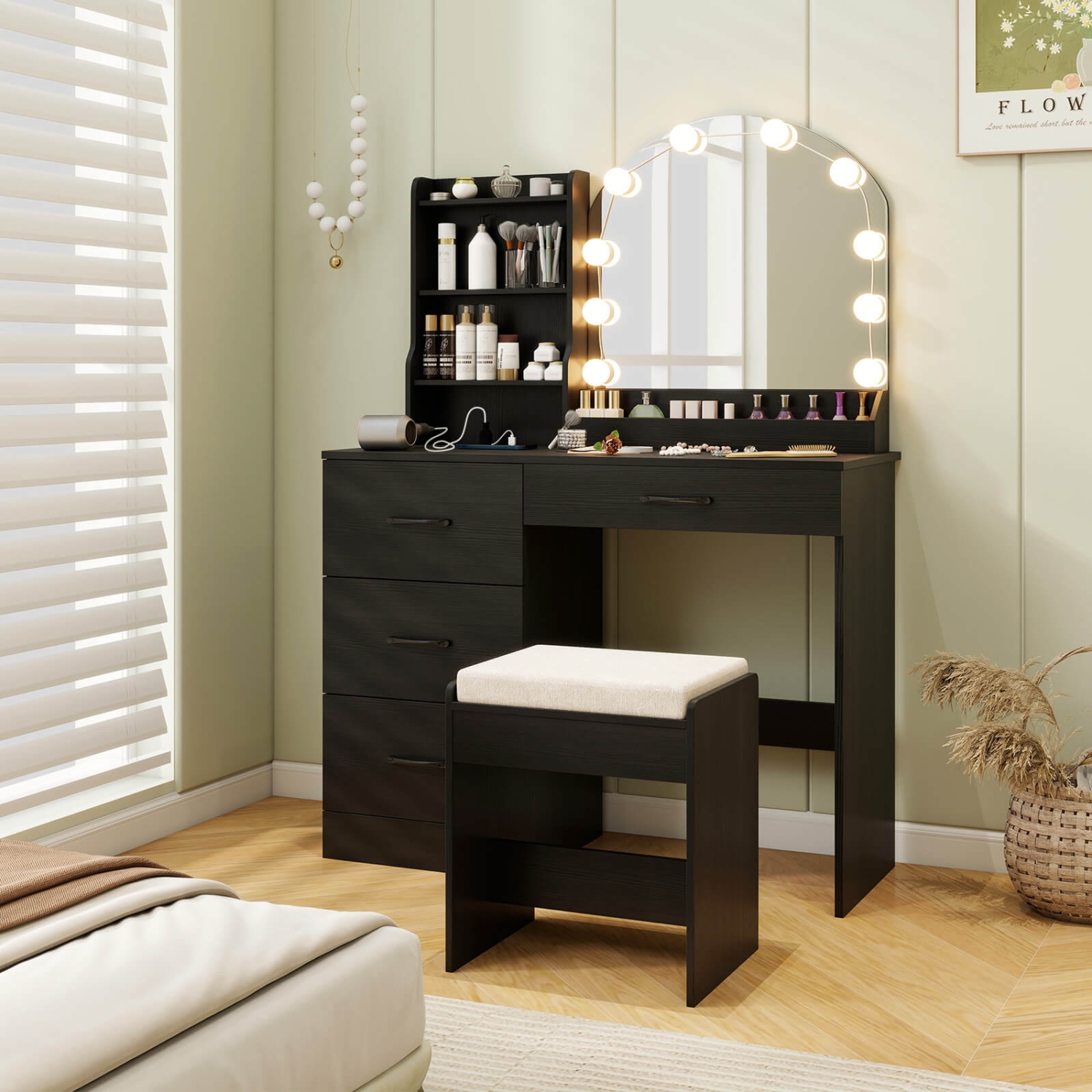 Costway Vanity Set with Mirror and Lights Dressing Table and Chair 4 Drawers 3 Open Shelves