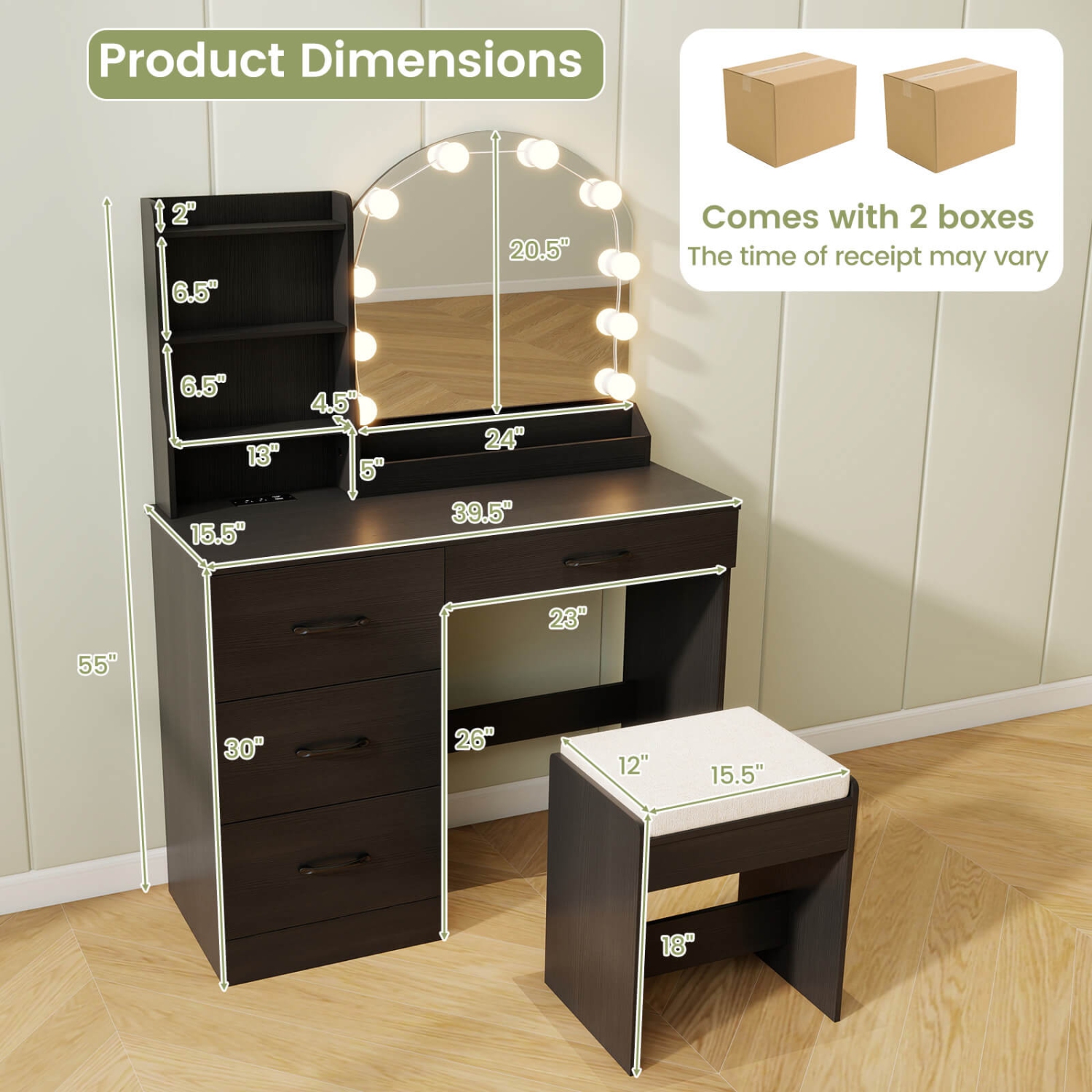 Costway Vanity Set with Mirror and Lights Dressing Table and Chair 4 Drawers 3 Open Shelves