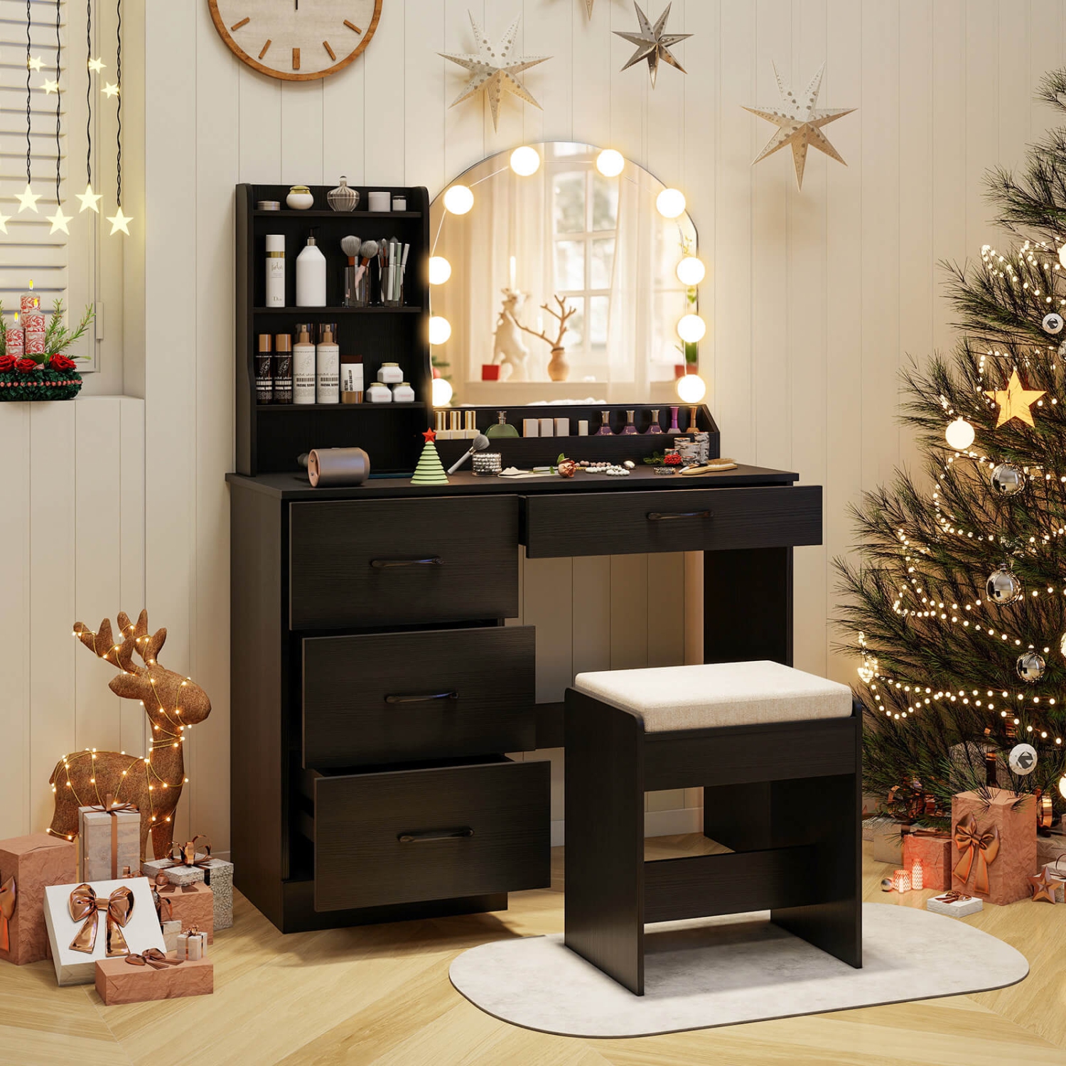 Costway Vanity Set with Mirror and Lights Dressing Table and Chair 4 Drawers 3 Open Shelves