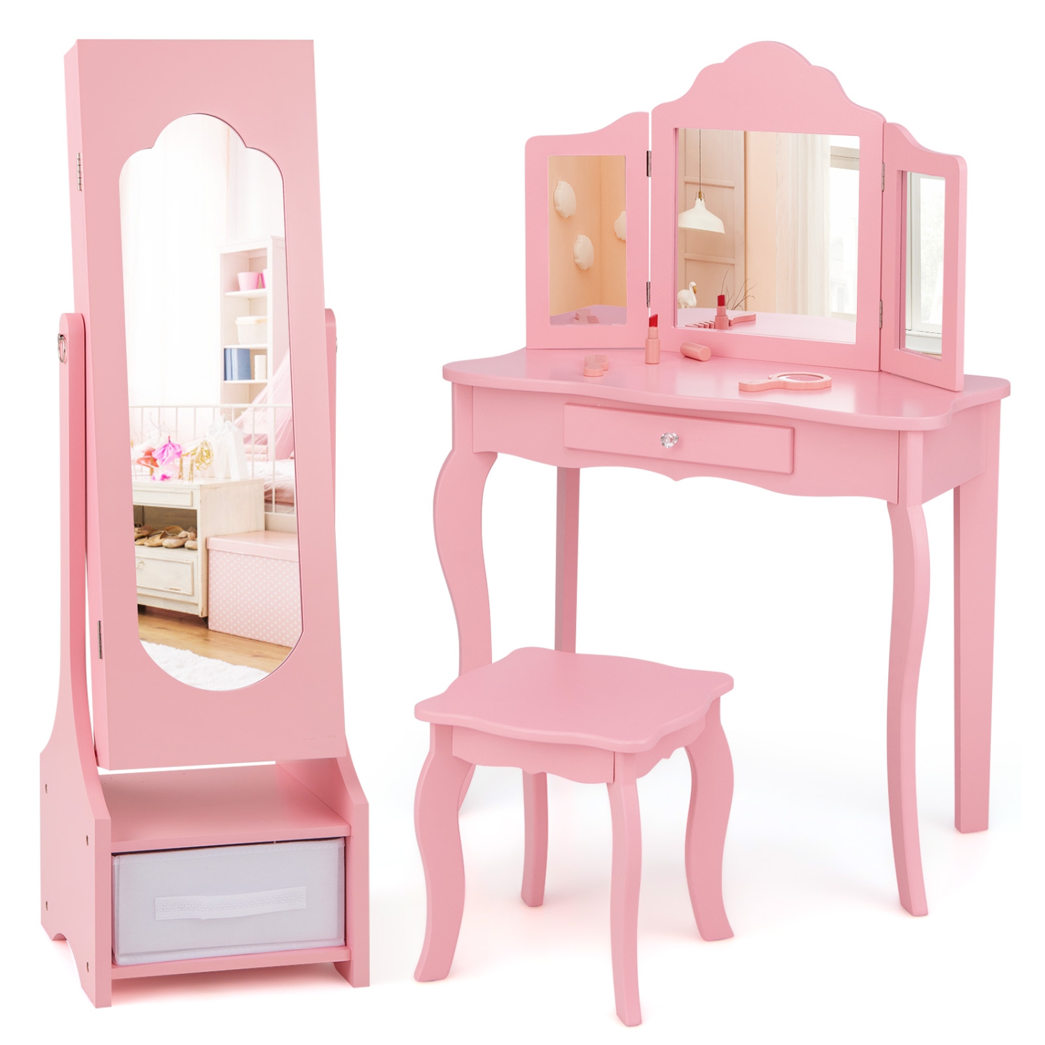 Costway Kids Vanity Set Princess Makeup Dressing Table & Chair Set with Jewelry Armoire