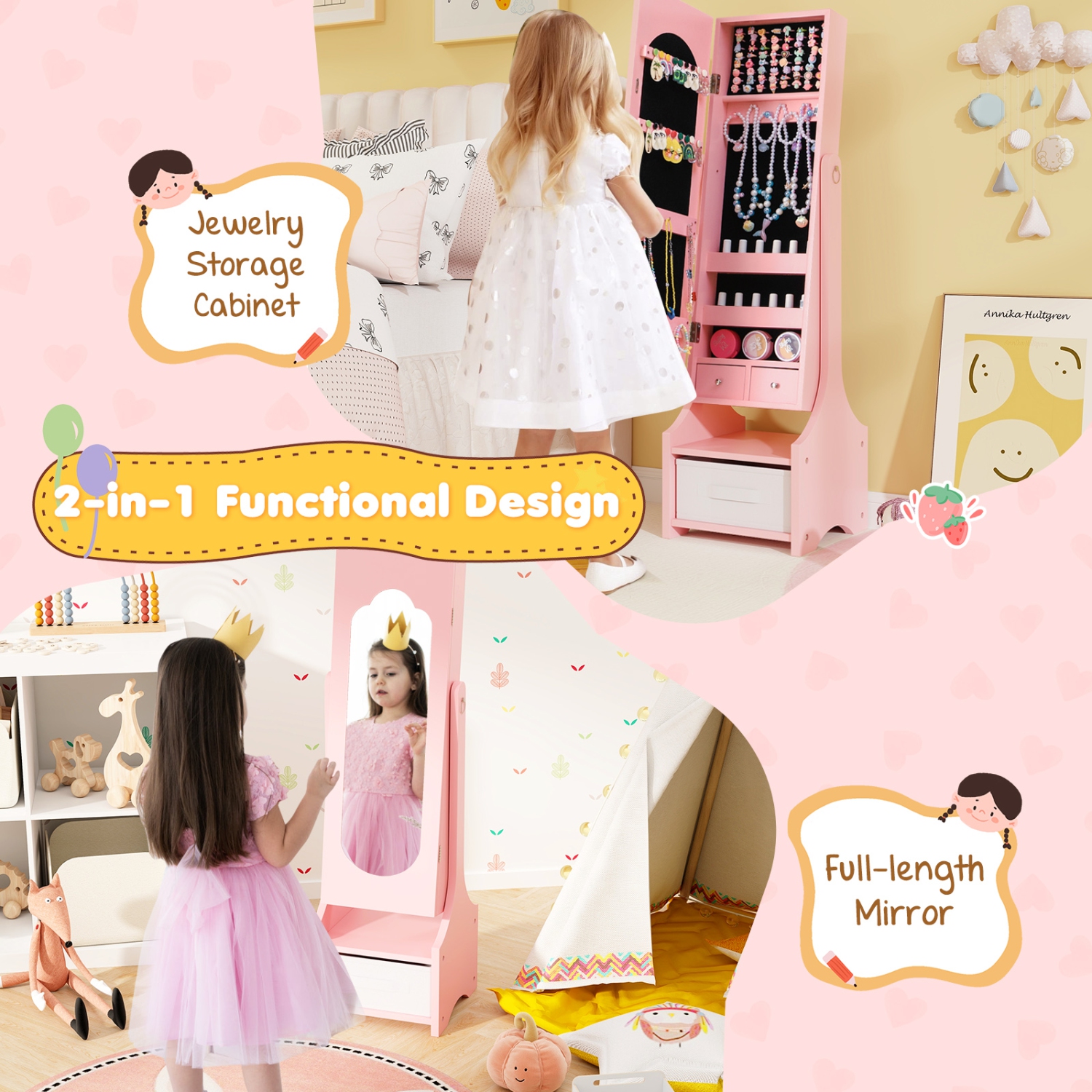 Costway Kids Vanity Set Princess Makeup Dressing Table & Chair Set with Jewelry Armoire