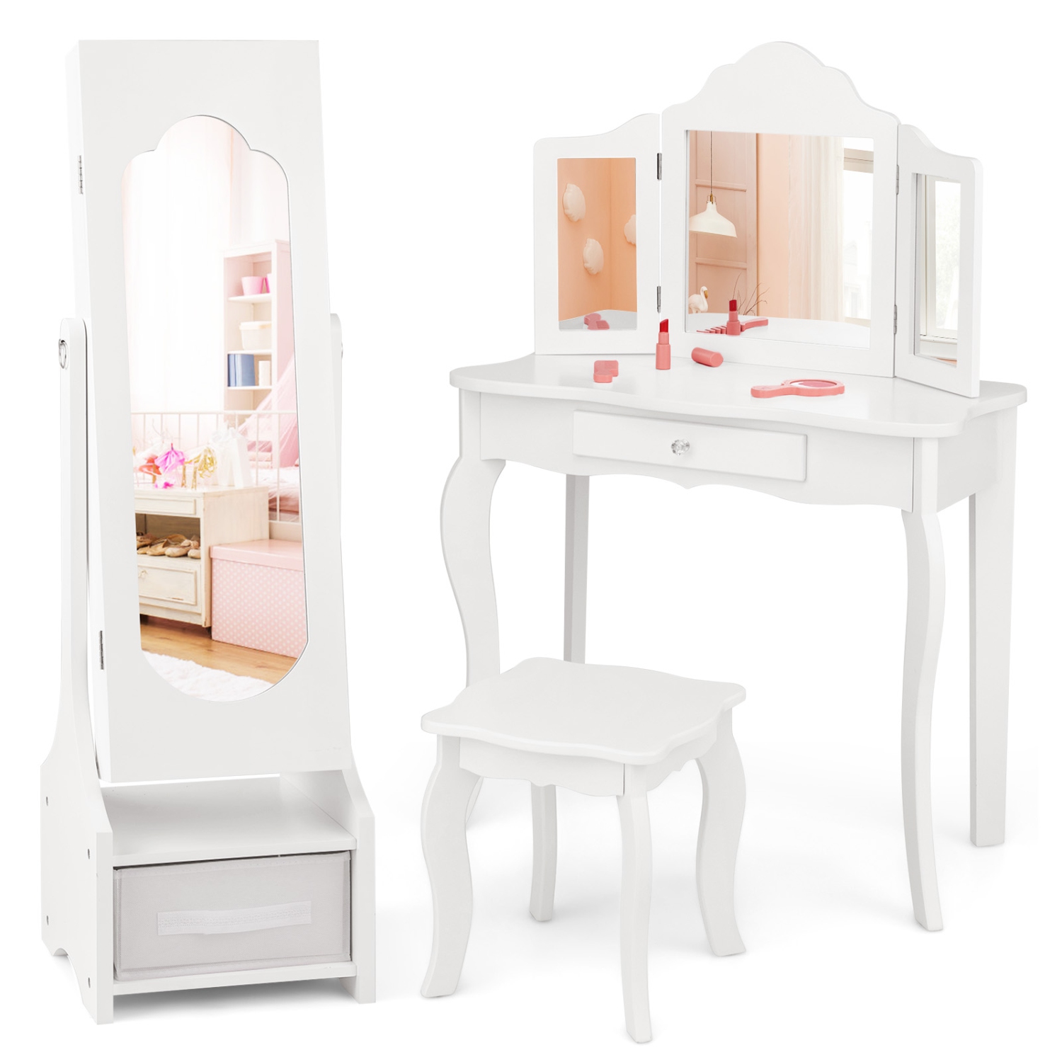 Ensemble coiffeuse princesse avec table et chaise et armoire à bijoux de Costway pour enfants