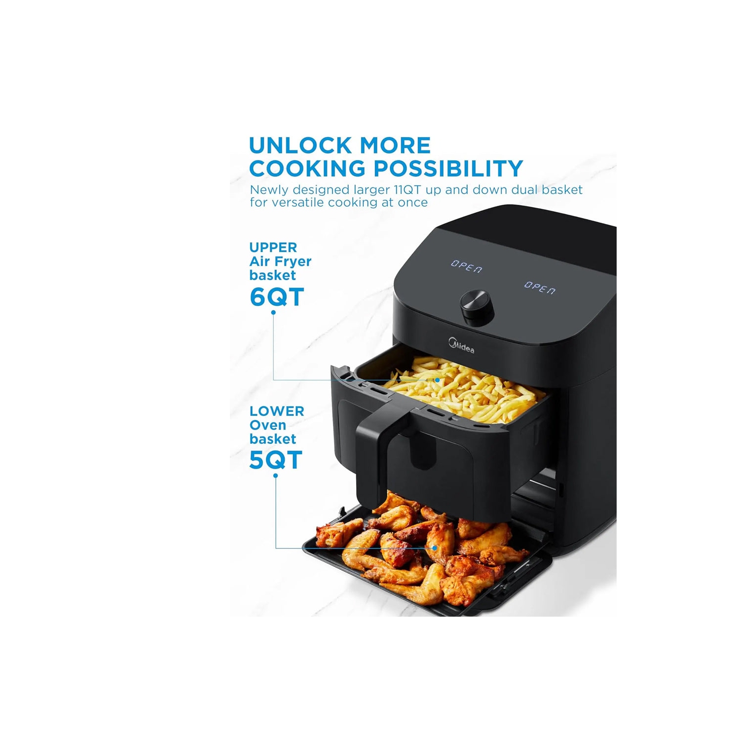 Refurbished Excellent- Midea Dual Basket Air Fryer Oven 11 Quart 8 in 1 Functions