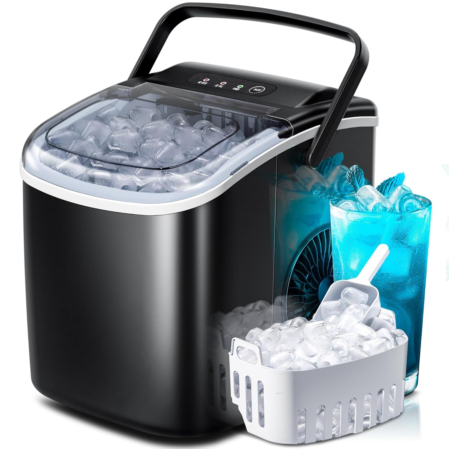ZAFRO Portable Countertop Ice Maker Machine with Handle, 6Mins/9 Pcs ice Cubes, 26Lbs/24H, Self-Cleaning Function with Ice Scoop and Basket for