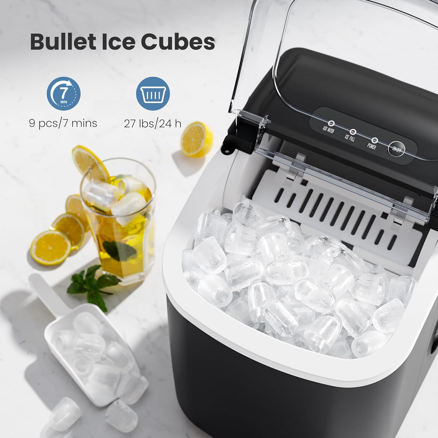 ZAFRO Portable Countertop Ice Maker Machine with Handle, 6Mins/9 Pcs ice Cubes, 26Lbs/24H, Self-Cleaning Function with Ice Scoop and Basket for