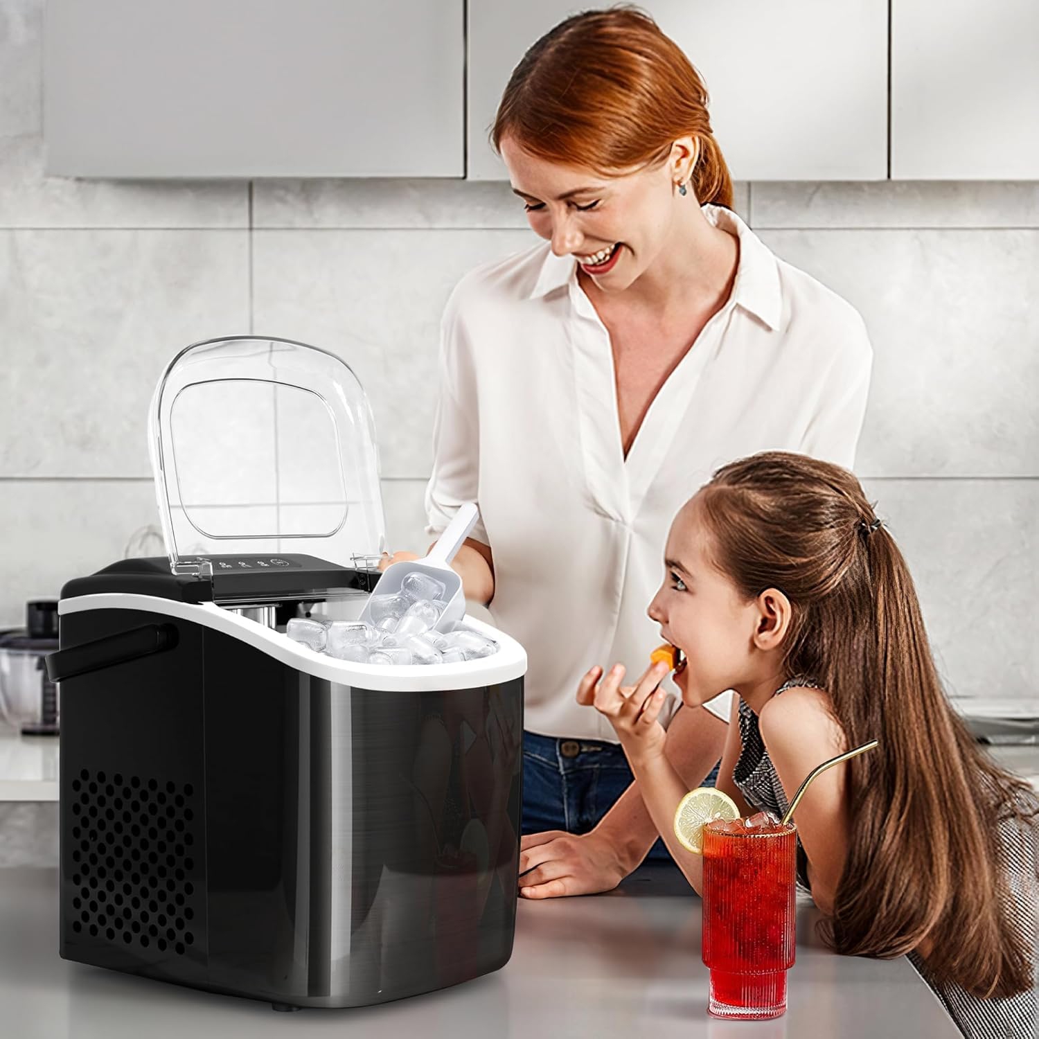 ZAFRO Portable Countertop Ice Maker Machine with Handle, 6Mins/9 Pcs ice Cubes, 26Lbs/24H, Self-Cleaning Function with Ice Scoop and Basket for