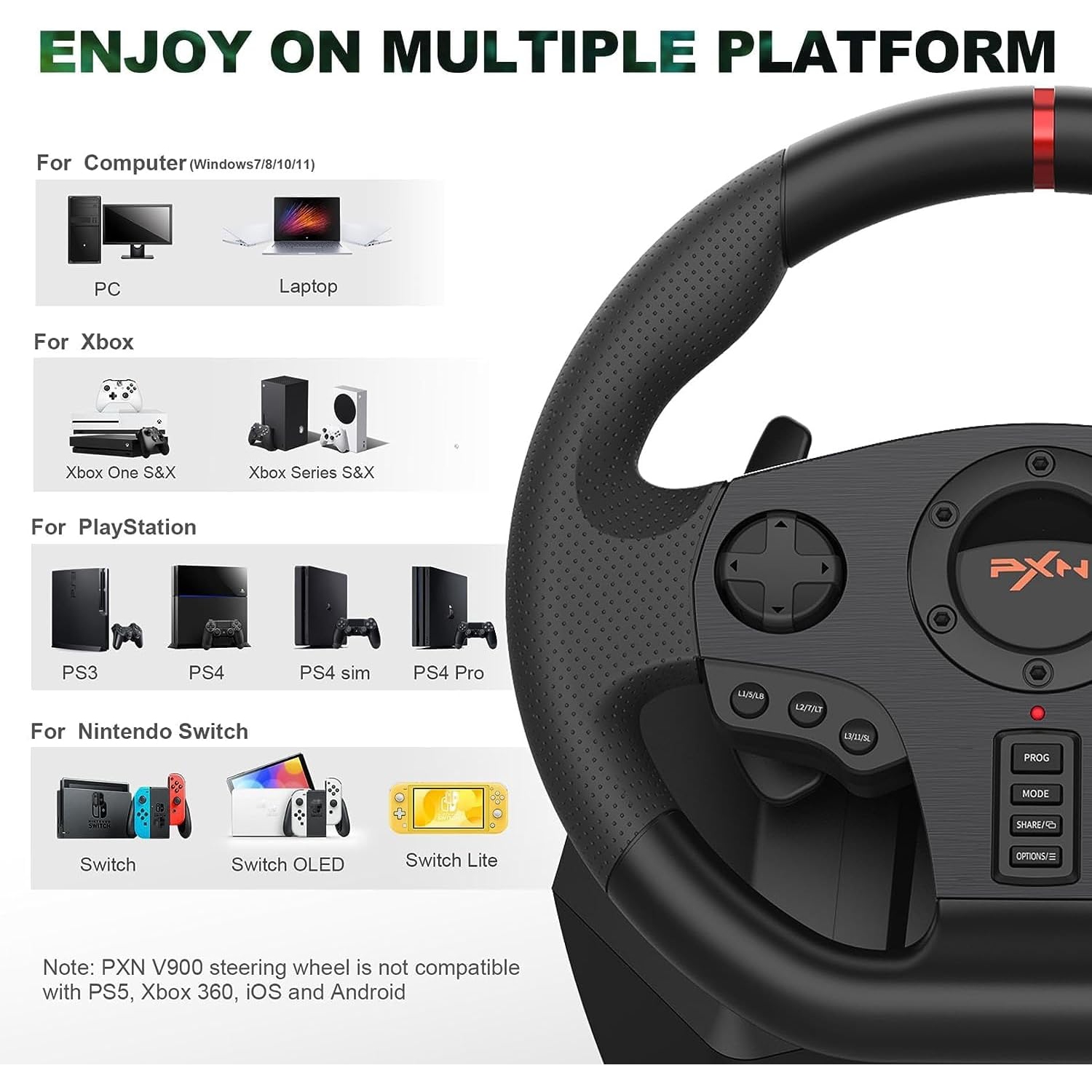 PC Gaming Racing Steering Wheel PXN V900, featuring a universal USB connection with 270/900 degree rotation with pedals, compatible with PS3, PS4, Xbox One, and Nintendo Switch.