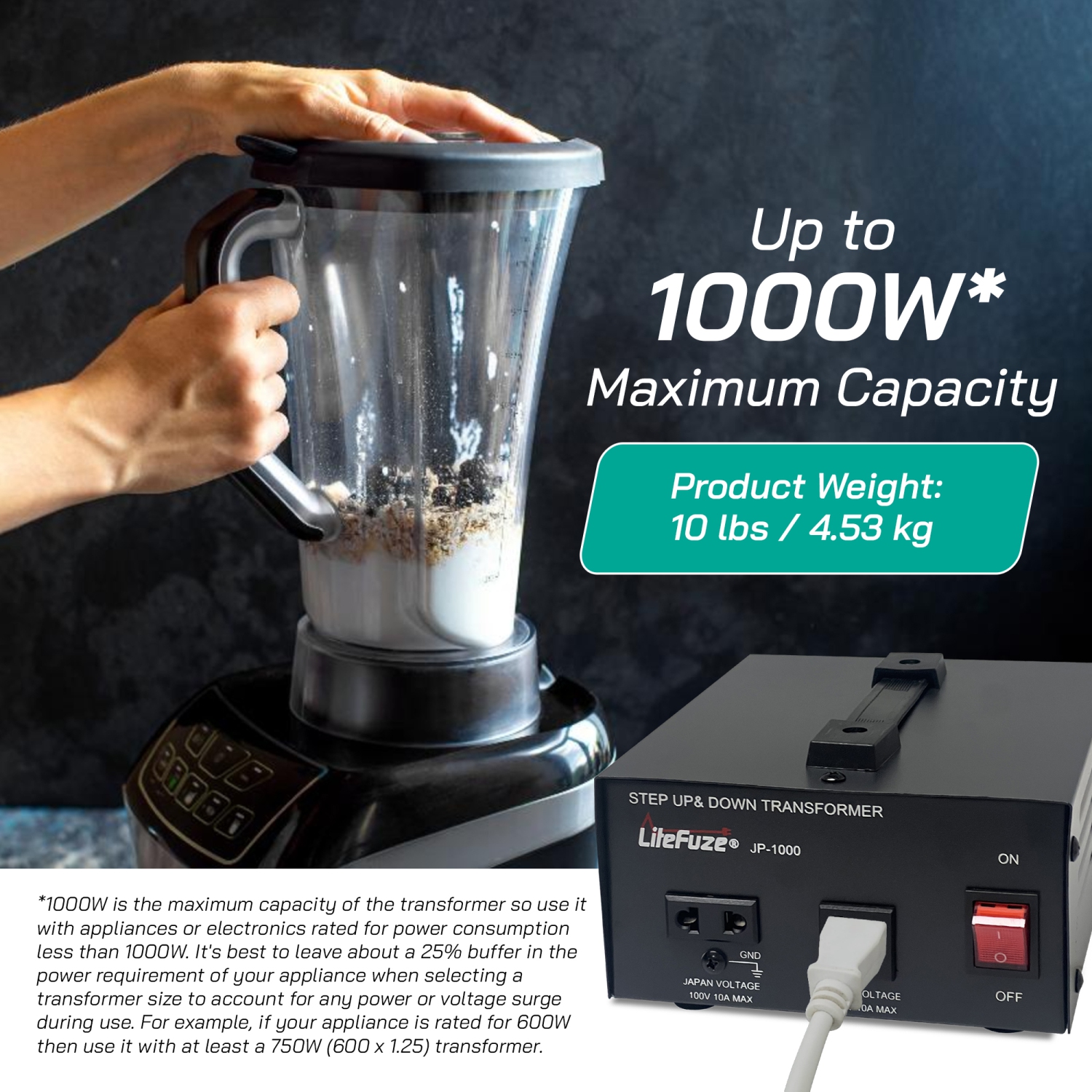 LiteFuze 1000W Step-Up/Step-Down Transformer with Dual Sockets - Premium Copper Coil, Noise Reduction, and Circuit Breaker Protection