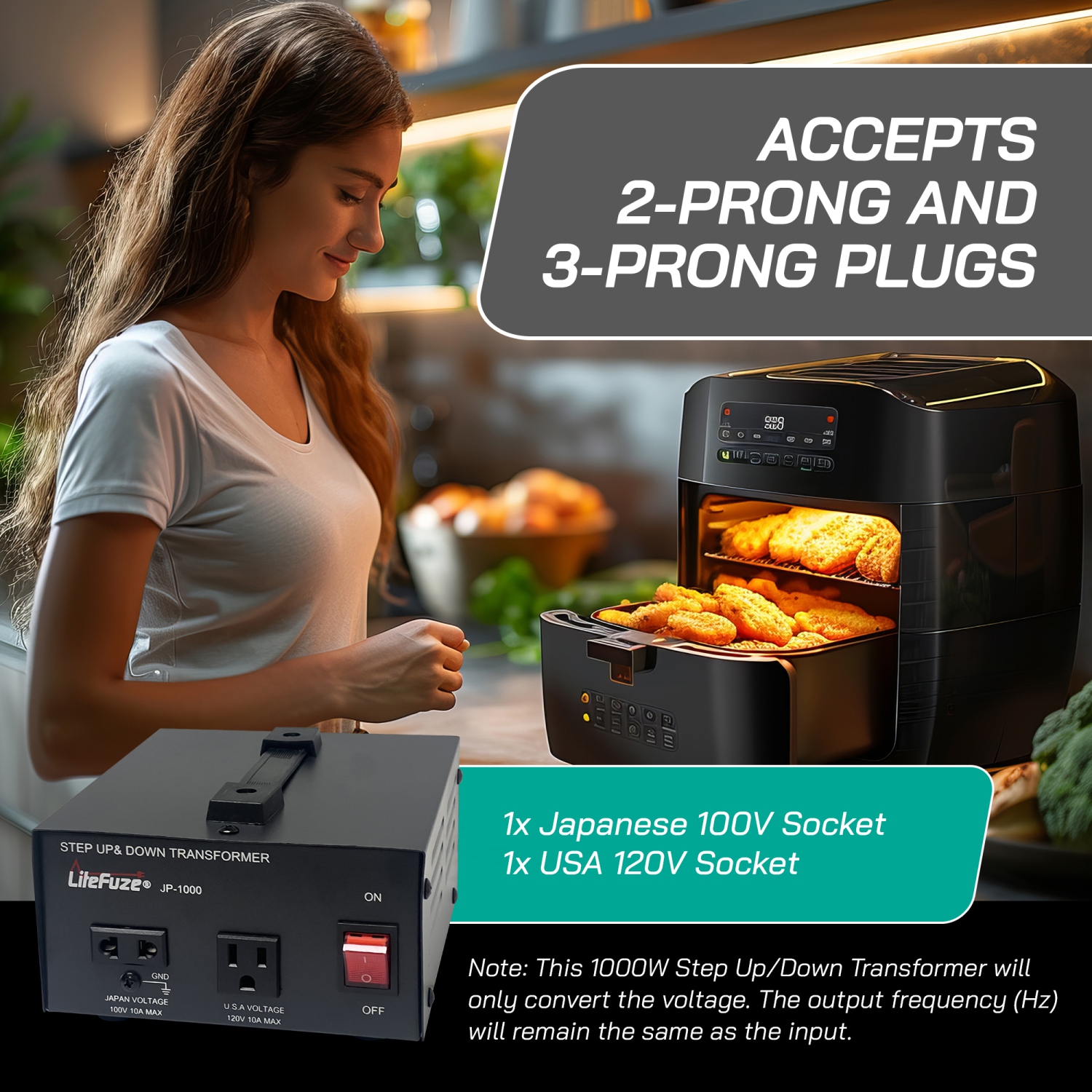 LiteFuze 1000W Step-Up/Step-Down Transformer with Dual Sockets - Premium Copper Coil, Noise Reduction, and Circuit Breaker Protection