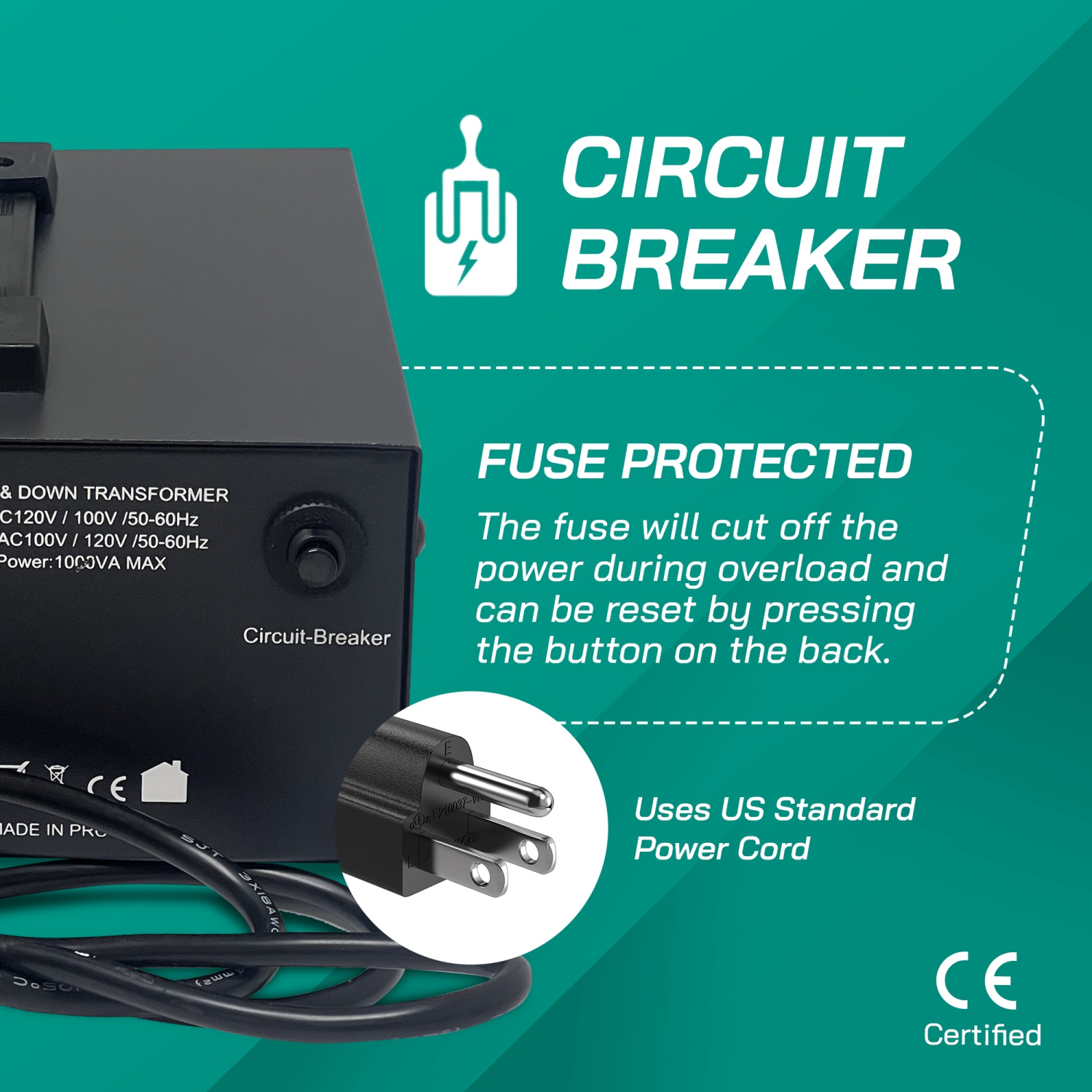 LiteFuze 1000W Step-Up/Step-Down Transformer with Dual Sockets - Premium Copper Coil, Noise Reduction, and Circuit Breaker Protection