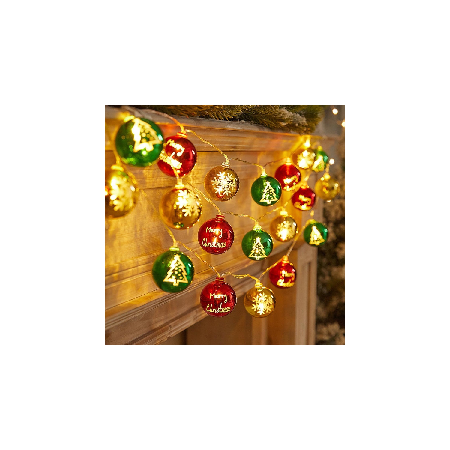 Guirlande de lumières de Noël, 10 pi 20 lumières de Noël à piles, boules de Noël pour décoration de fête de Noël