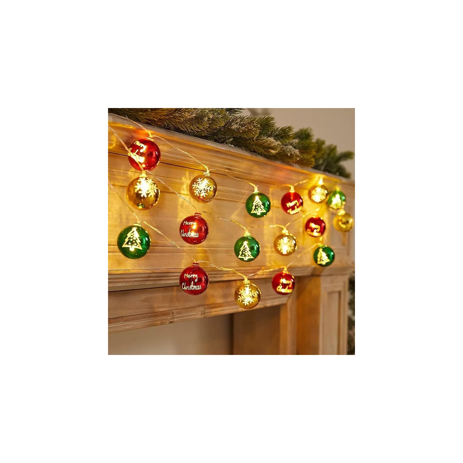 Guirlande de lumières de Noël, 10 pi 20 lumières de Noël à piles, boules de Noël pour décoration de fête de Noël