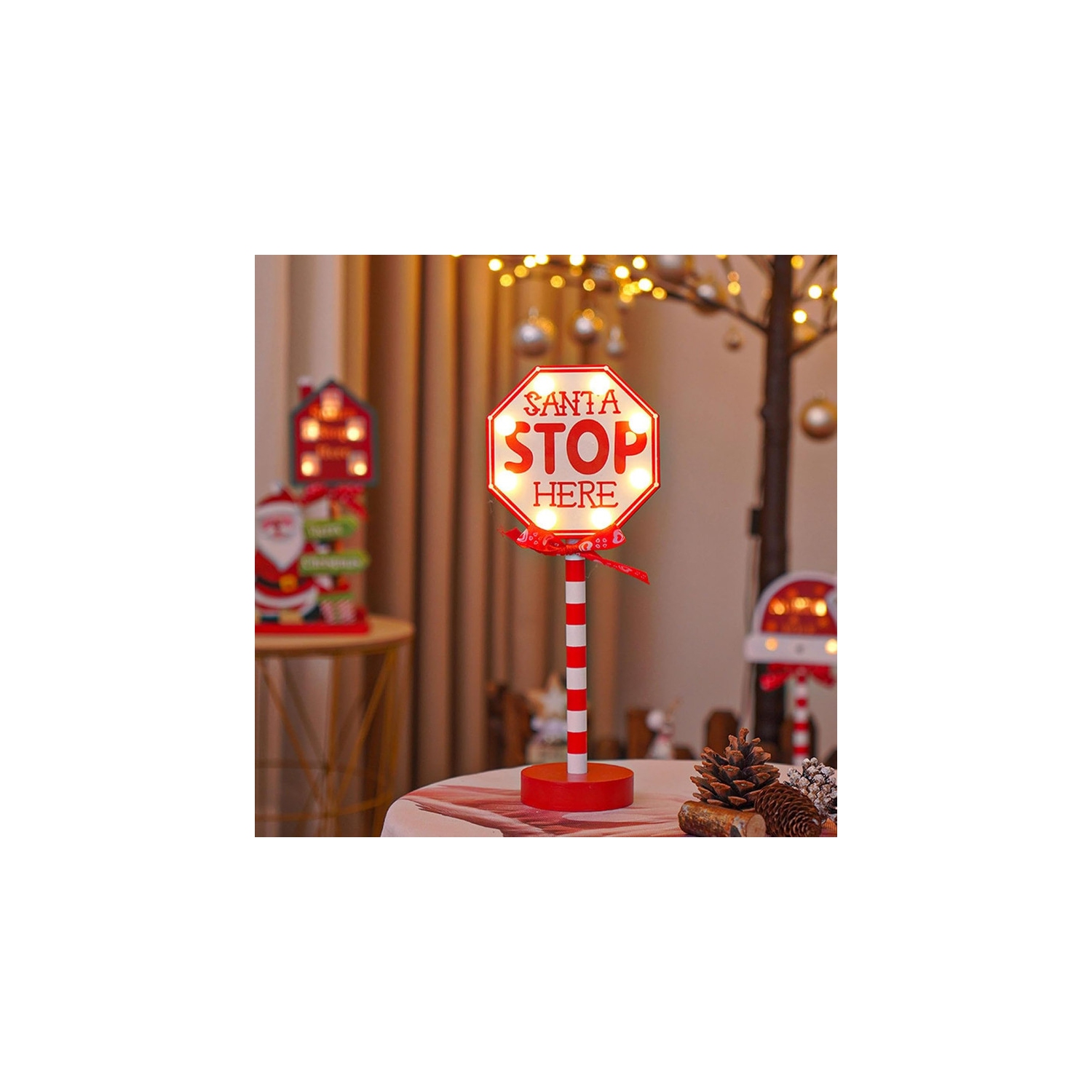 Christmas Decorations Santa Stop Here Pole Sign with LED Light Xmas Tabletop Stand Decor for Indoor Home Office Holiday Party Decorative Christmas