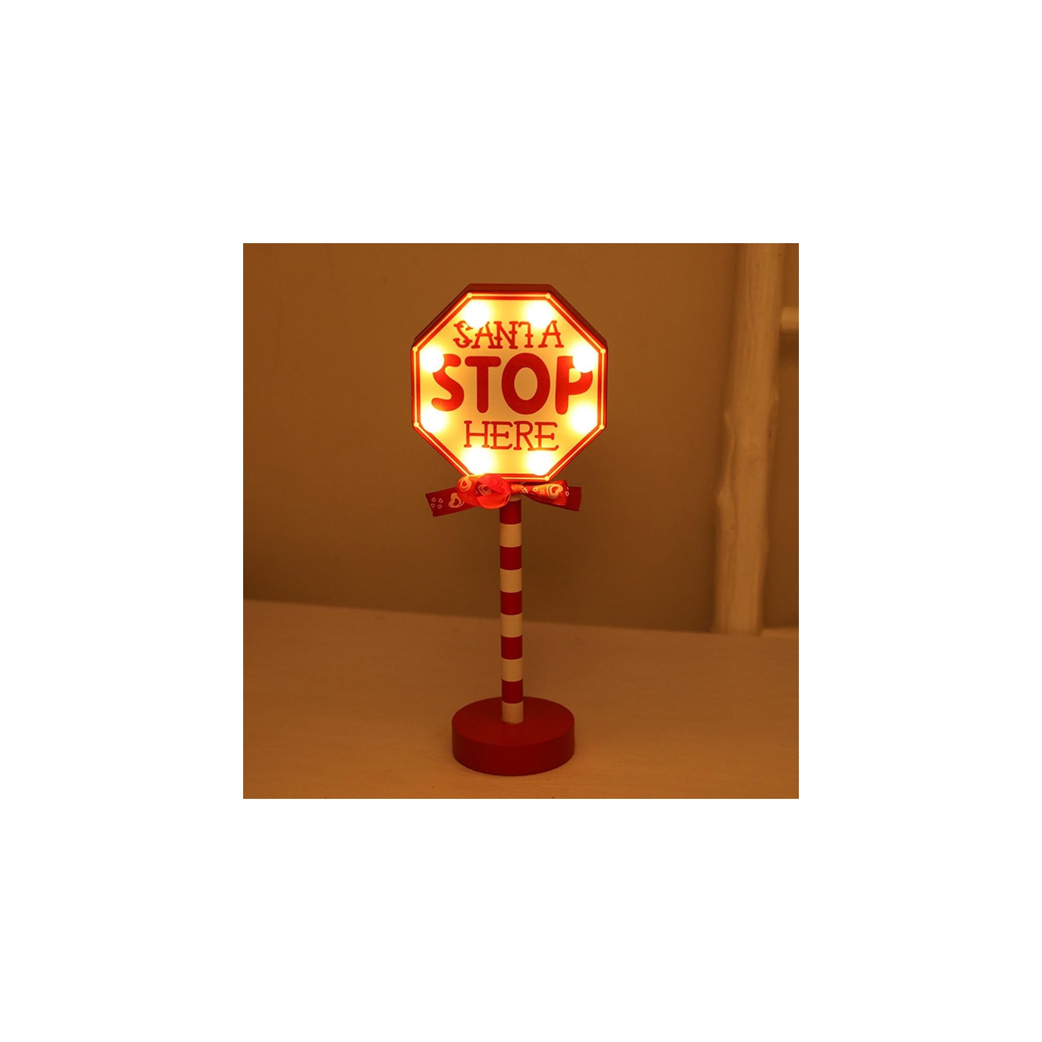 Christmas Decorations Santa Stop Here Pole Sign with LED Light Xmas Tabletop Stand Decor for Indoor Home Office Holiday Party Decorative Christmas