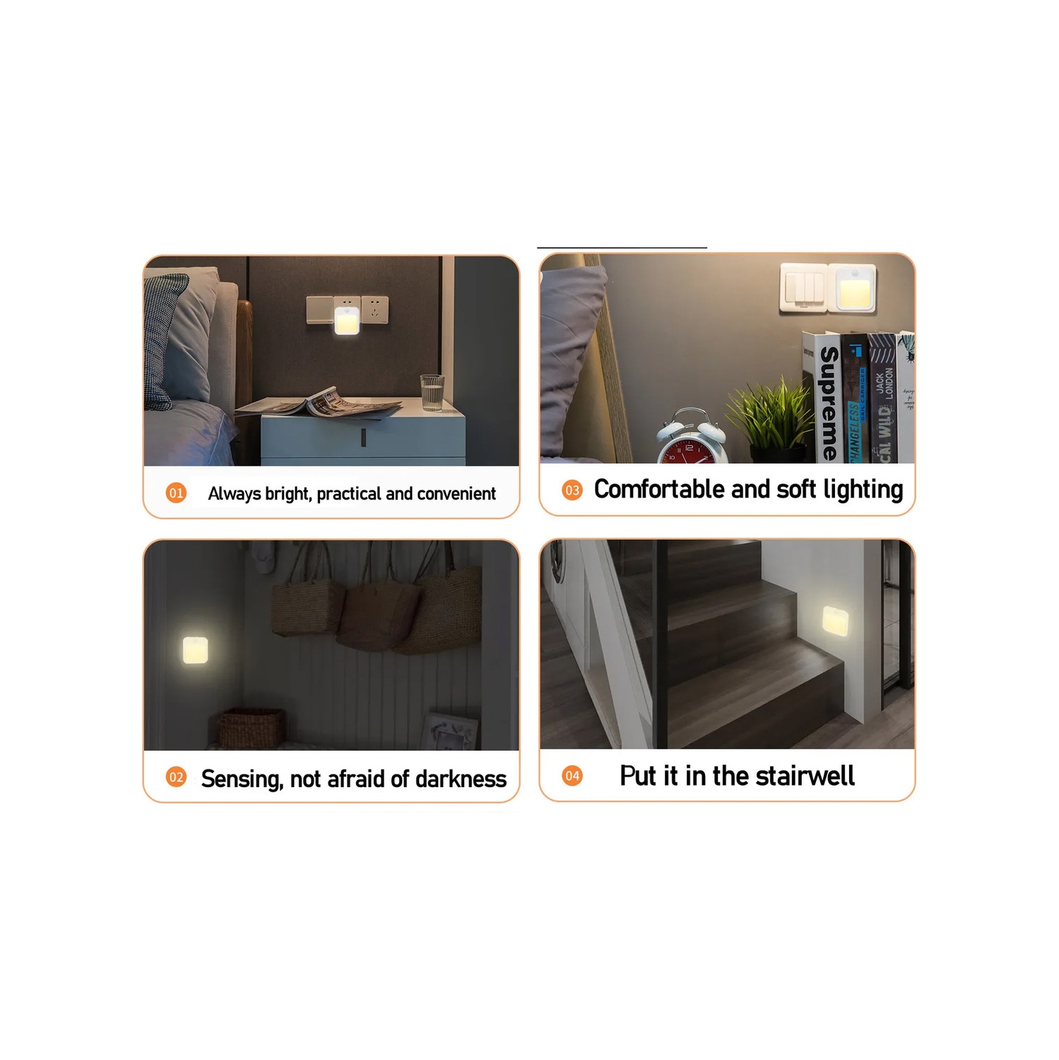 Détecteur de mouvement Lumières de nuit DEL Prise US Lampe d'armoire à intensité réglable pour chambre à coucher de bébé Corridor Éclairage de nuit