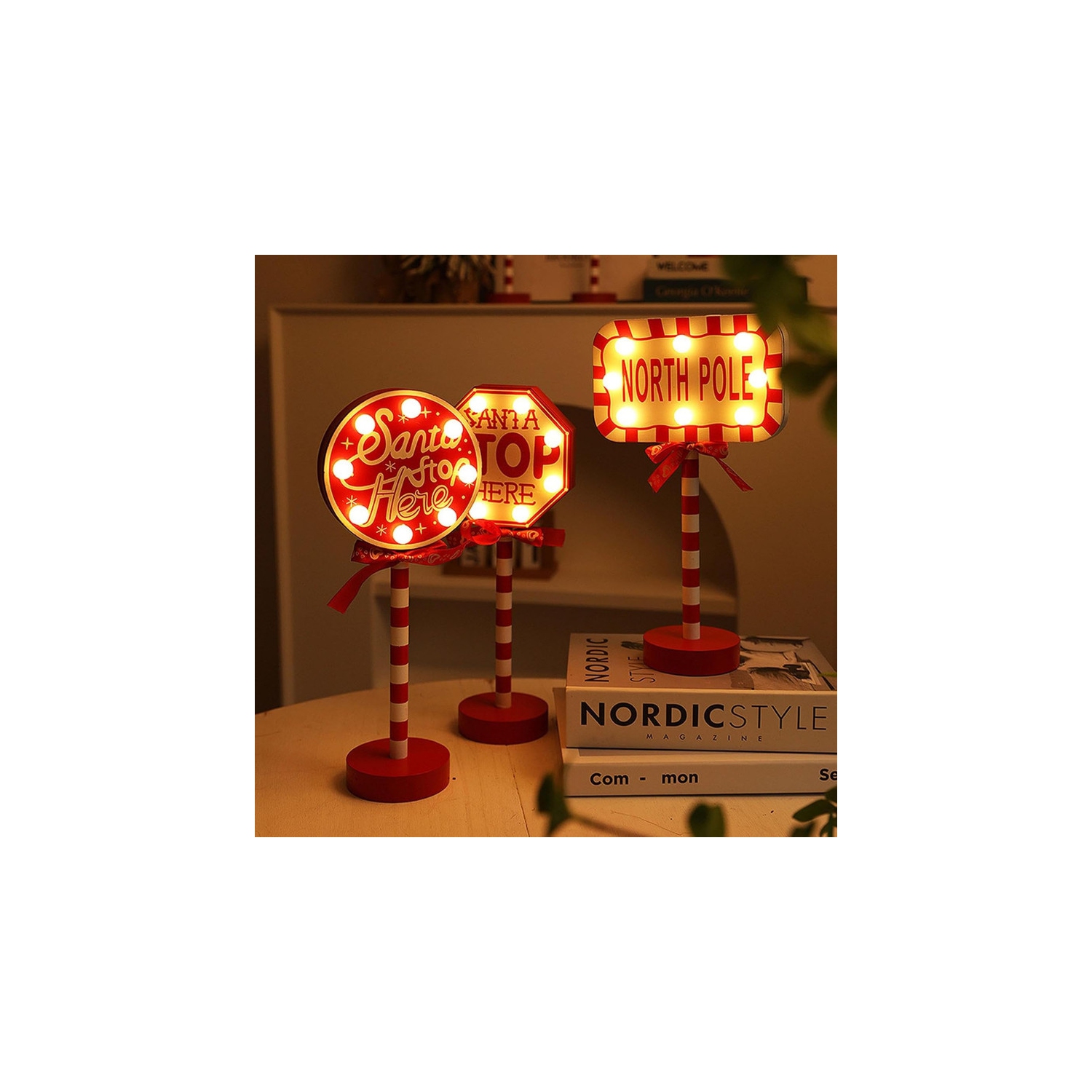 Christmas Decorations North Pole Sign with LED Light Xmas Tabletop Stand Decor for Indoor Home Office Holiday Party Decorative Christmas Street Sign